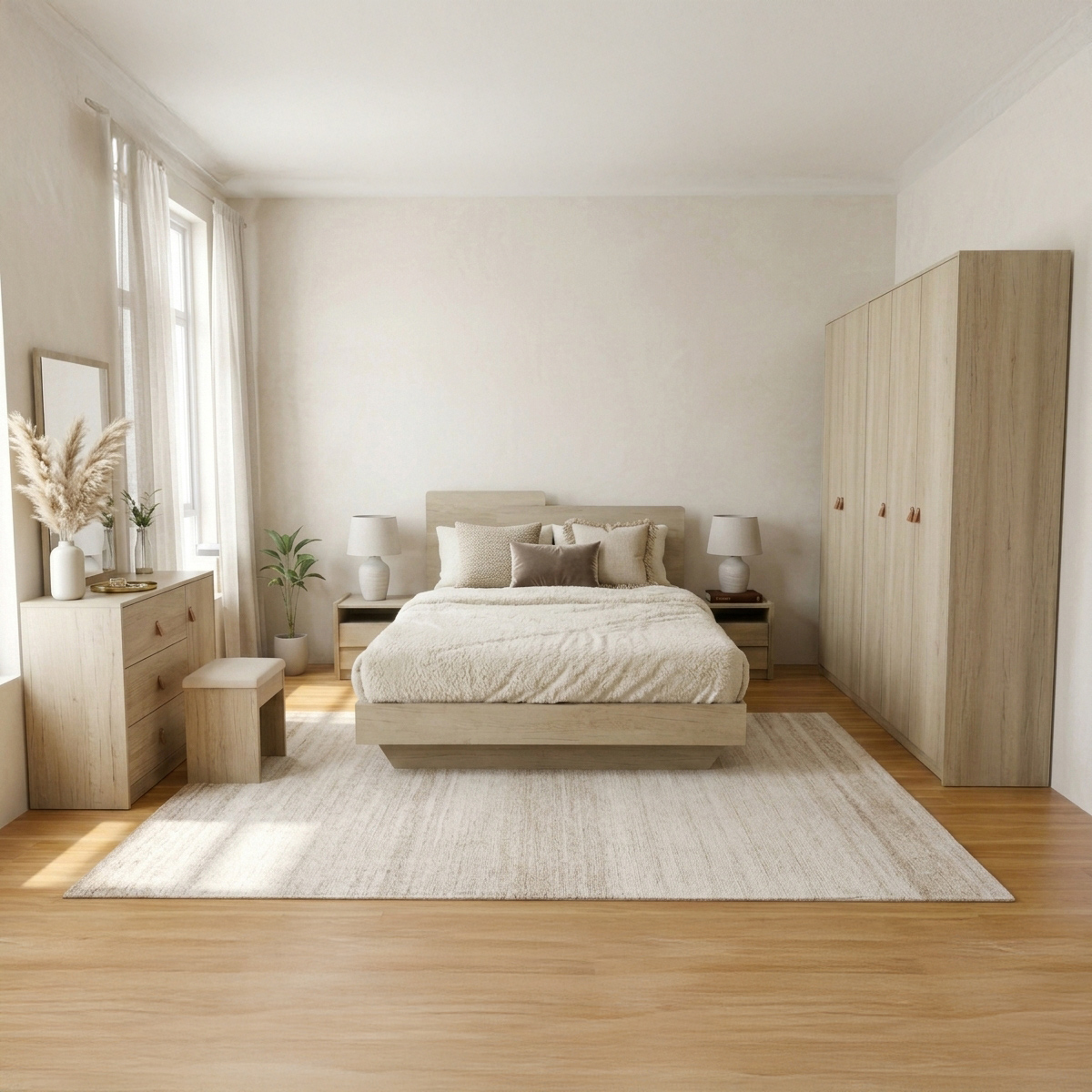 Modern Queen Bedroom Set 150x200cm (5 Door Wardrobes, 2 Night Stand And 1 Dressing Table)