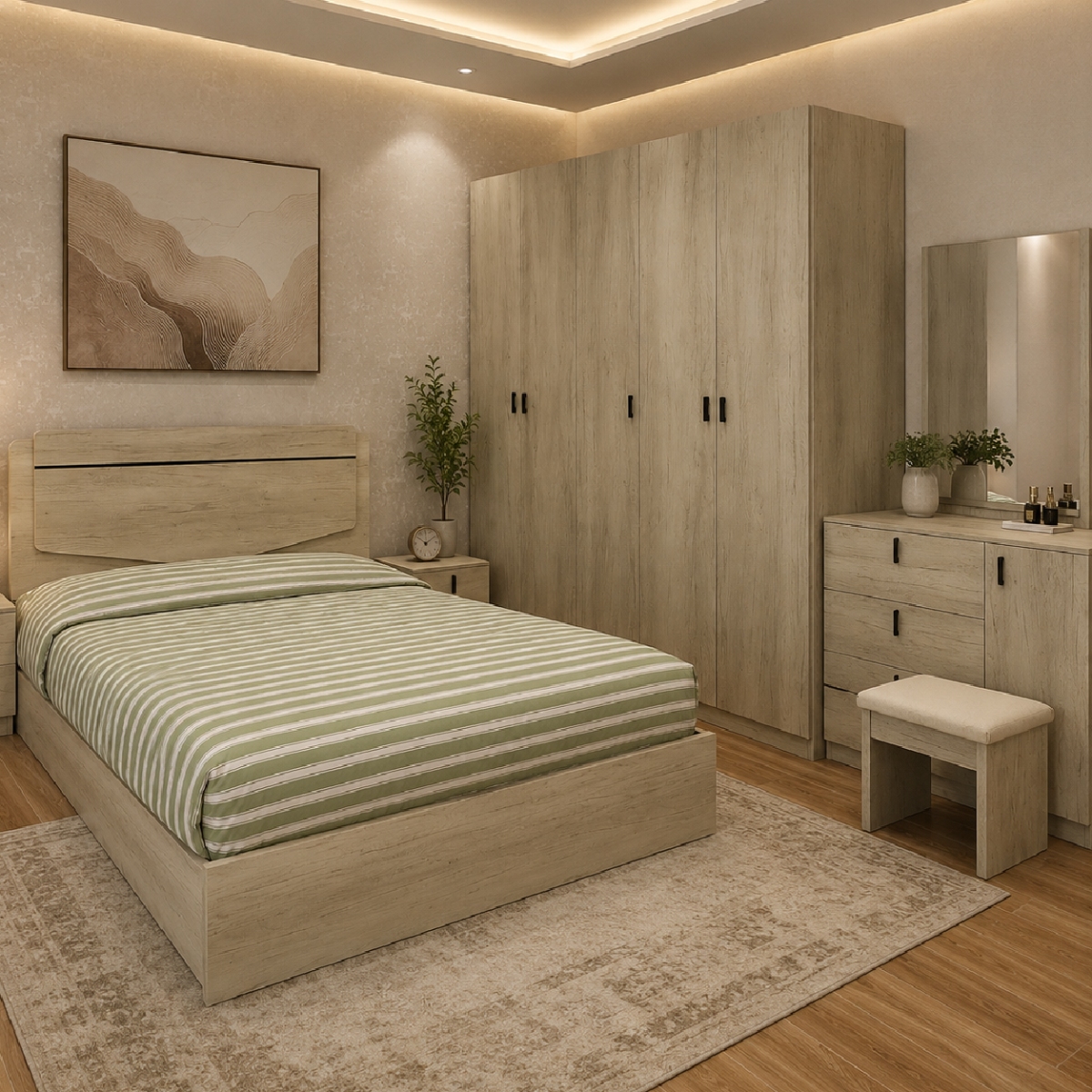 Modern Queen Bedroom Set 150x200cm (5 Door Wardrobe, Dressing Table With Stool and 2 Night Stand)