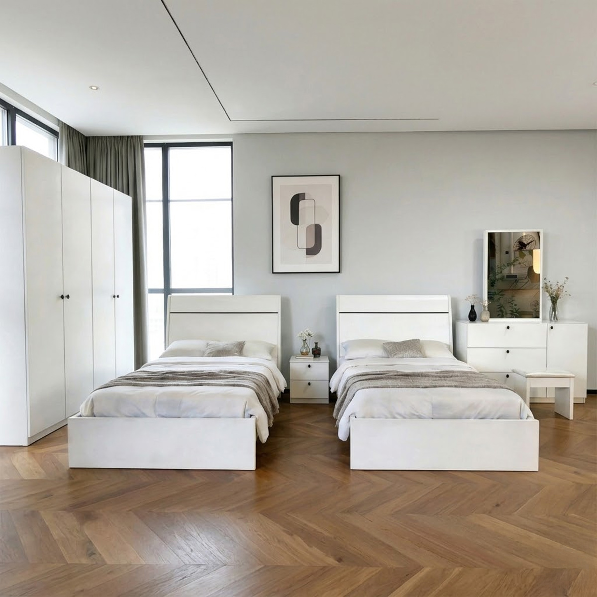 Twins Bedroom Set 120x200cm ( 2x1 Twin Bed, 1x1 Wardrobe 4 Doors, 1x1 Nightstand, 1x1 Dressing Table With Stool)