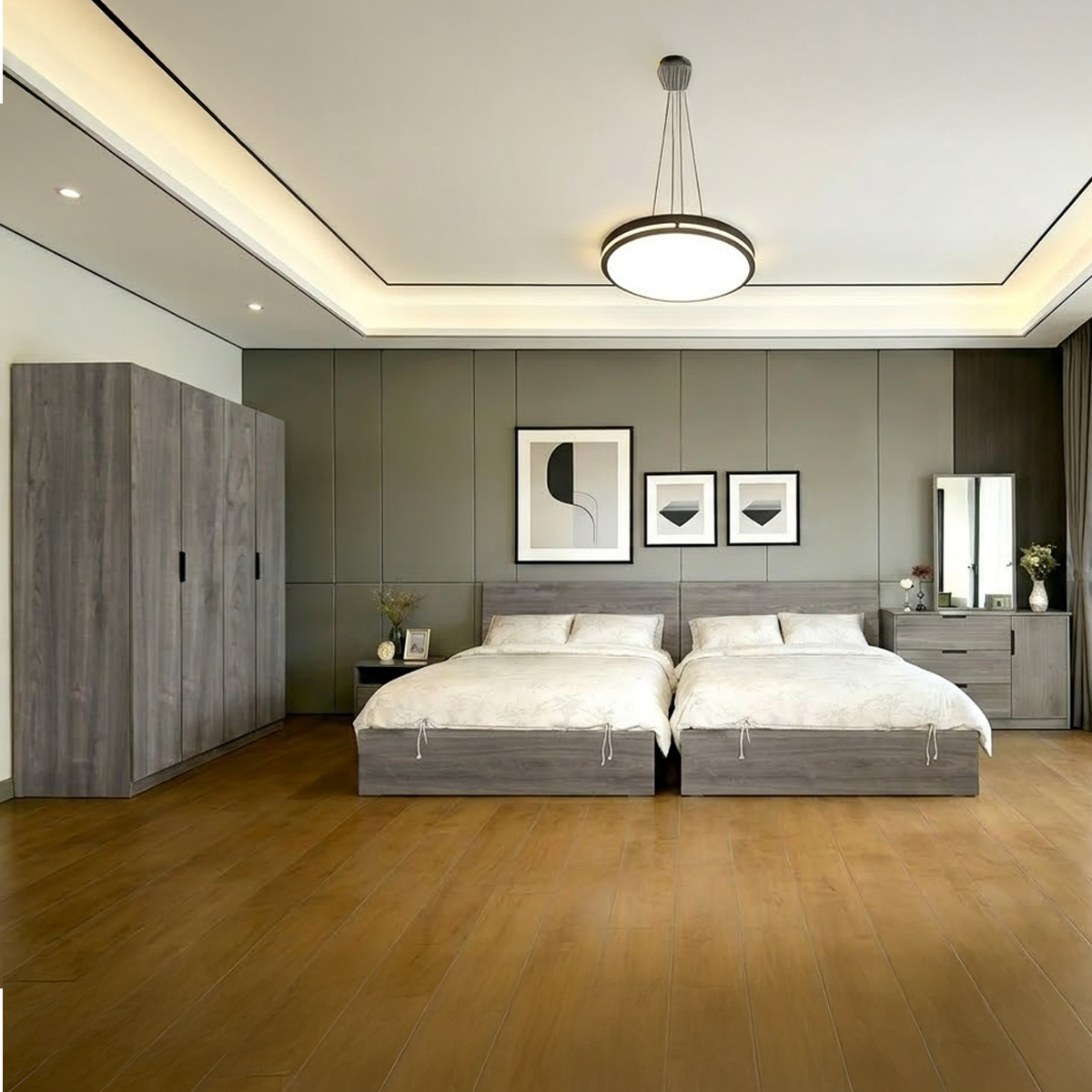 Twins Bedroom Set 120x200cm ( 2x1 Twin Bed, 1x1 Wardrobe 4 Doors, 1x1 Nightstand, 1x1 Dressing Table With Stool)