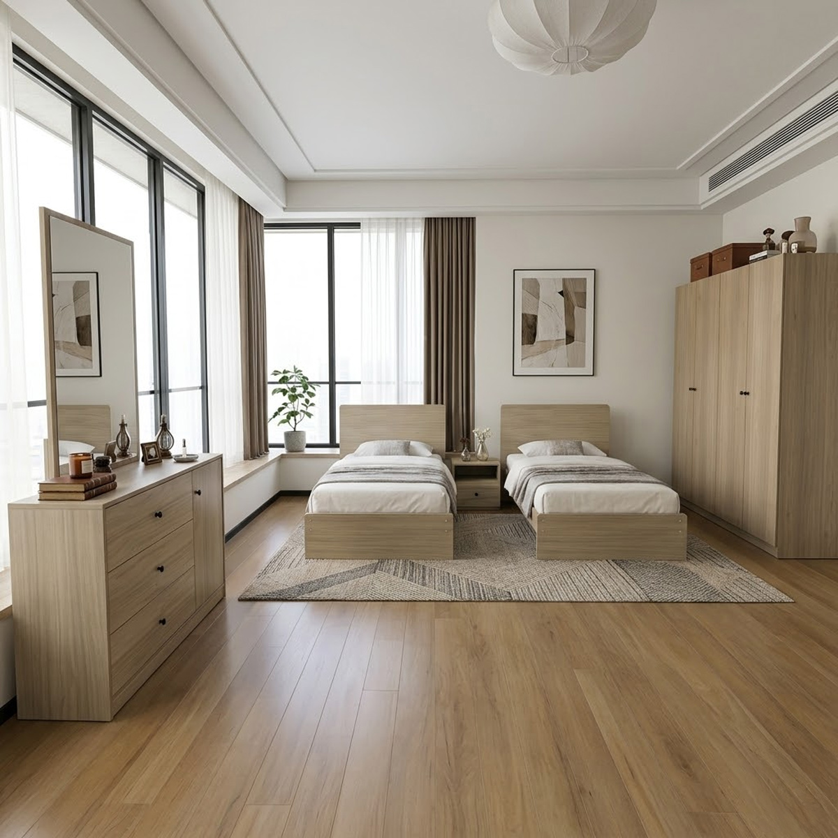 Twins Bedroom Set 120x200cm ( 2x1 Twin Bed, 1x1 Wardrobe 4 Doors, 1x1 Nightstand, 1x1 Dressing Table With Stool)