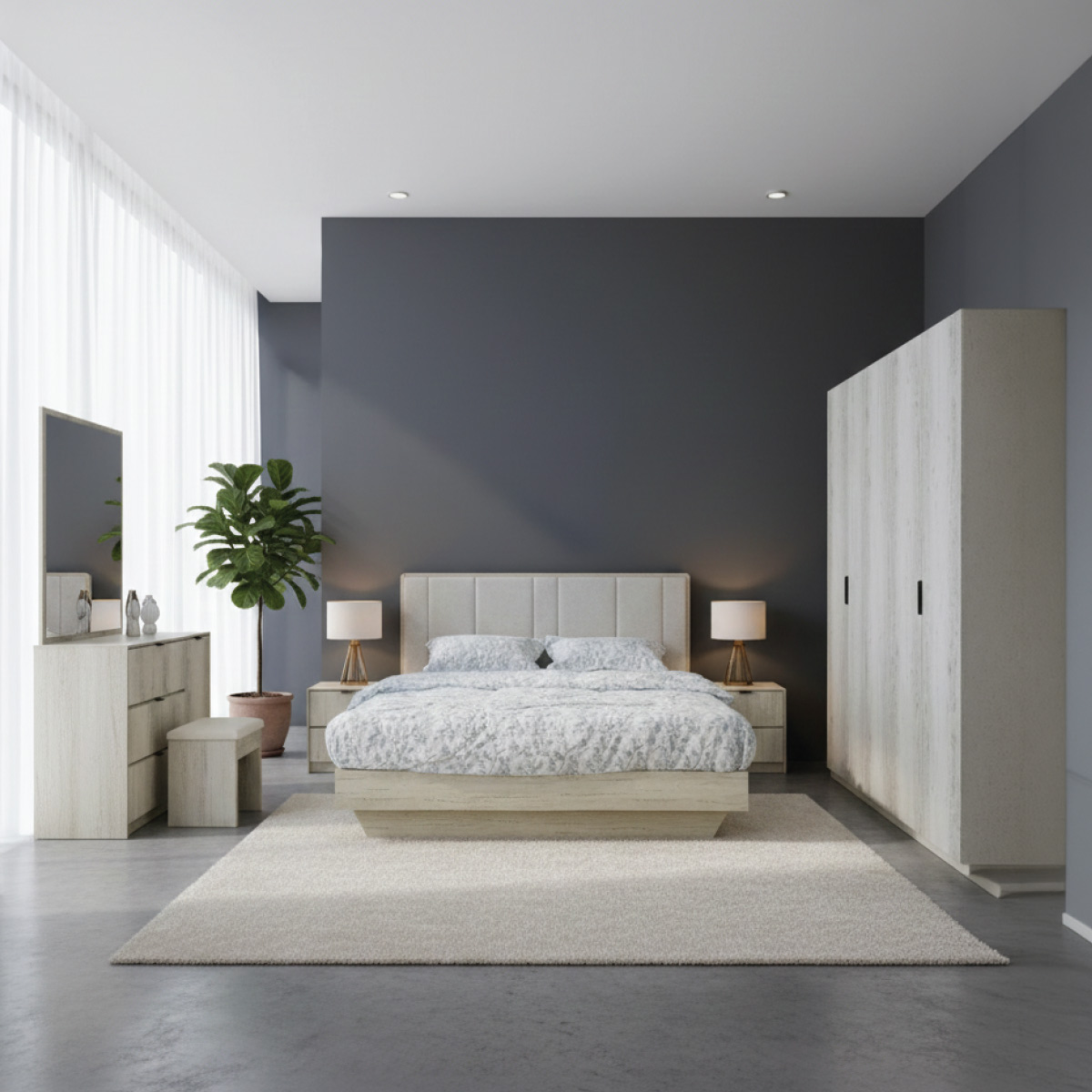 Modern Bedroom Set (180x200cm Bed, 6 Doors Wardrobe, 1 Dressing Table, 2 Night Stand) White Oak