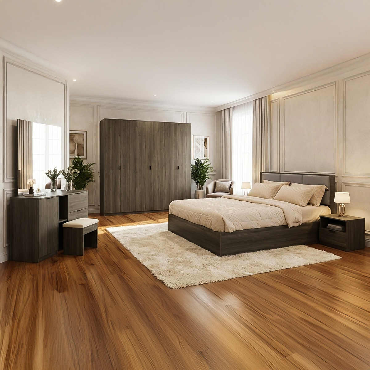 Modern Bedroom Set (180x200cm Bed Set, 1x6 Door Wardrobe, 1 Dressing Table With Chair, 2 Night Stand) | Furniture | Bedroom Furniture | Bedroom Sets