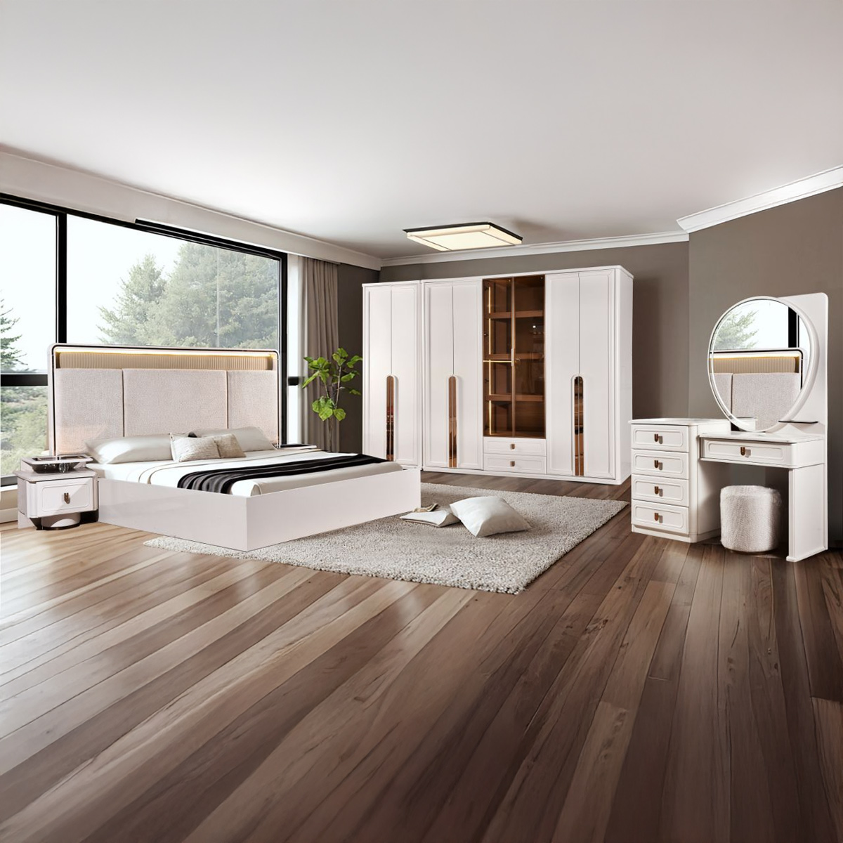 Taylor Modern Double Bedroom Set (180x200cm Bed, 1x1 8 Doors Wardrobe, 1x1 Dressing Table, 1x2 Night Stand) 257 White