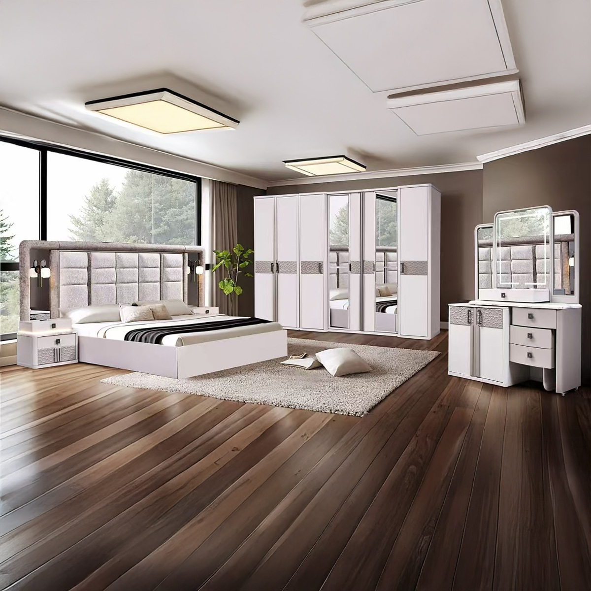 طقم غرفة نوم تايلور مودرن مزدوج (سرير 180×200 سم، خزانة ملابس بثمانية أبواب، طاولة تزيين، منضدة جانبية) 259 أبيض