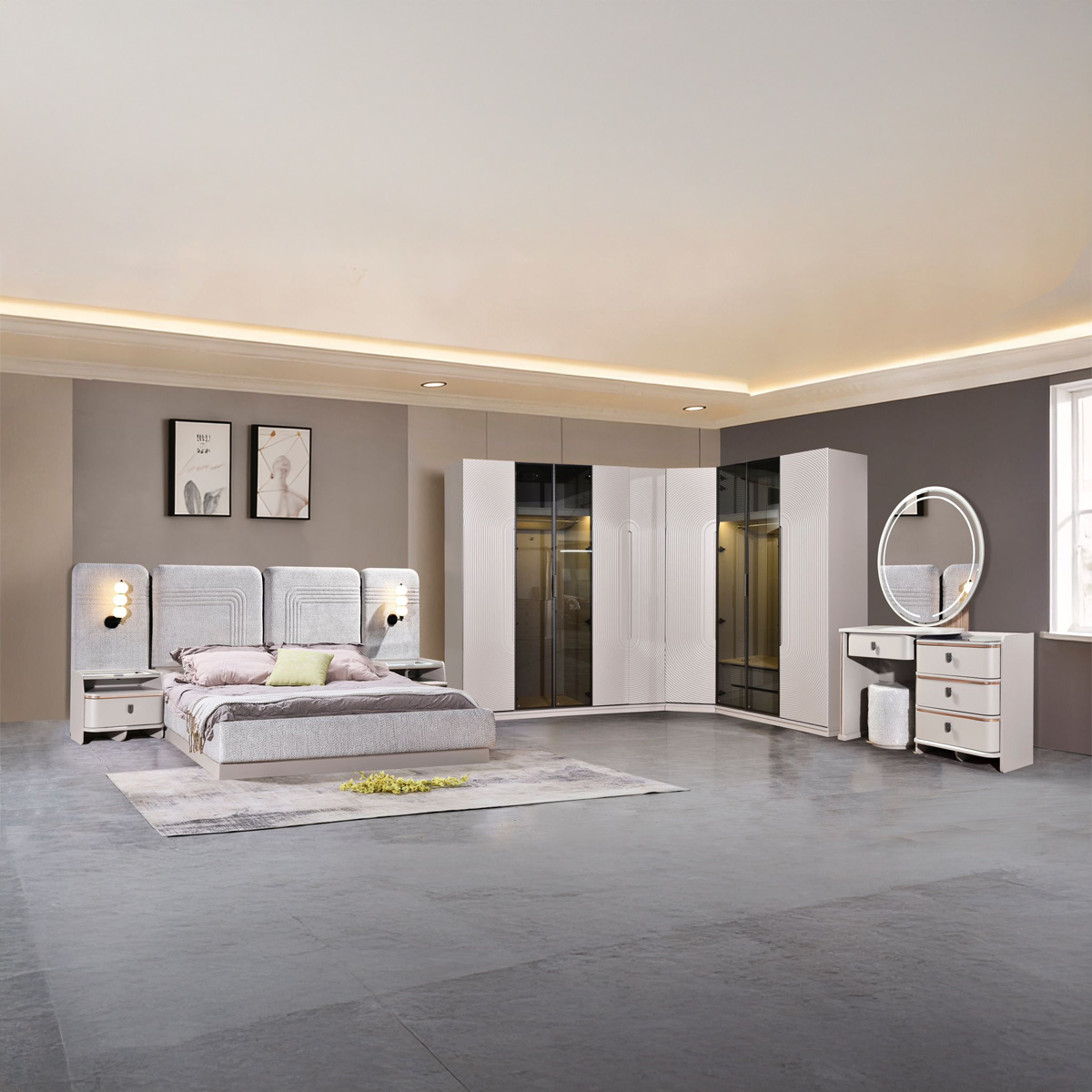 طقم غرفة نوم تايلور مودرن مزدوج (سرير 180×200 سم، خزانة ملابس بـ 9 أبواب، طاولة تزيين، منضدة جانبية) رمادي
