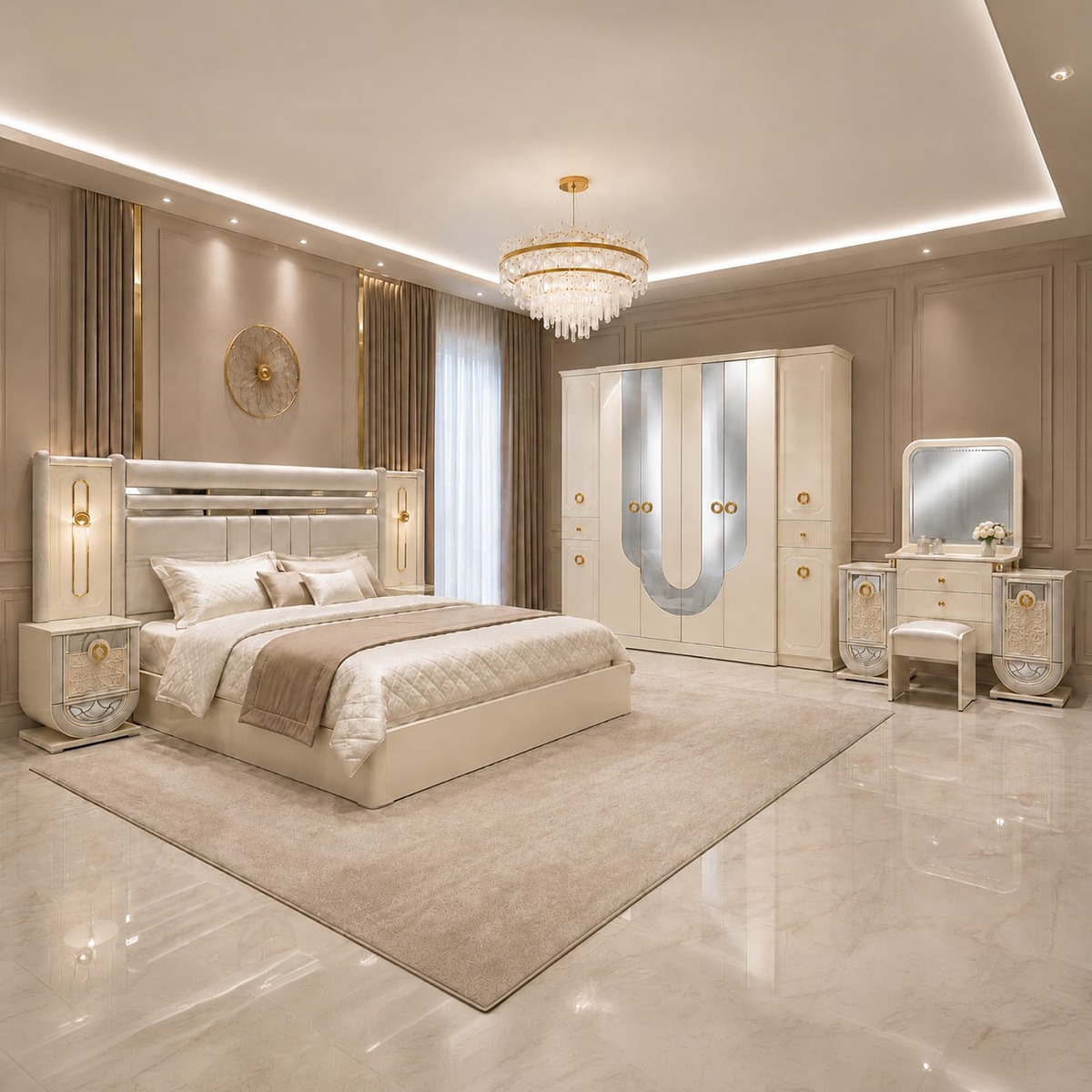 Modern High Head Bed Room Set (180x200cm Bedset, 1x6 Door Wardrobe, 2 Night Stand, 1 Dressing Table With Stool)