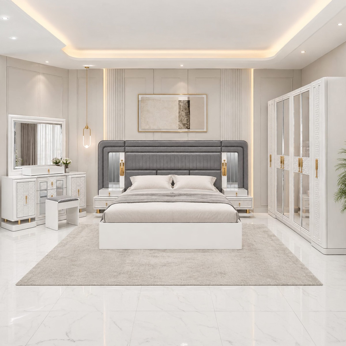 Modern High Head Bed Room Set (180x200cm Bedset, 1x6 Door Wardrobe, 2 Night Stand, 1 Dressing Table With Stool)