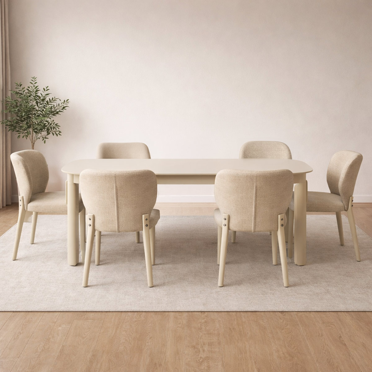 Glass Dining Table Set (1 Table, 6 Chairs) White Beige