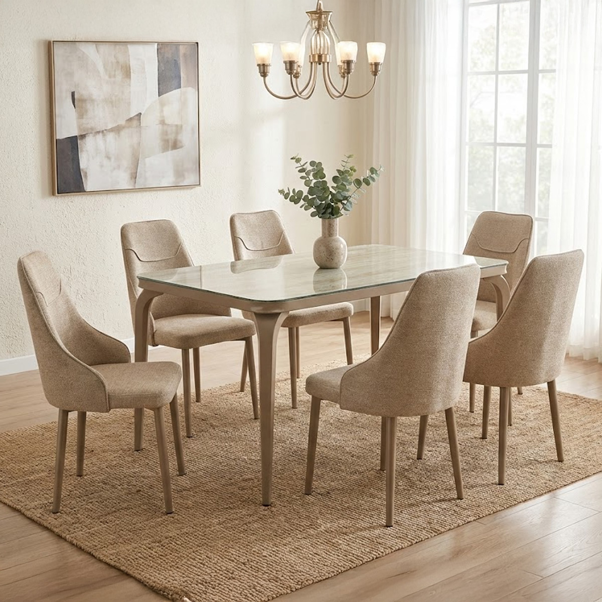 Glass Dining Table Set (1 Table, 6 Chairs) Coffee Beige
