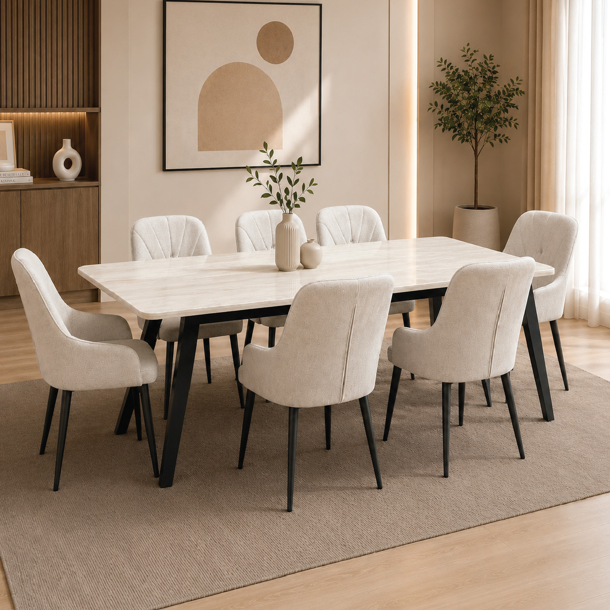 Modern Wooden Dining Table Set with 6 Chairs