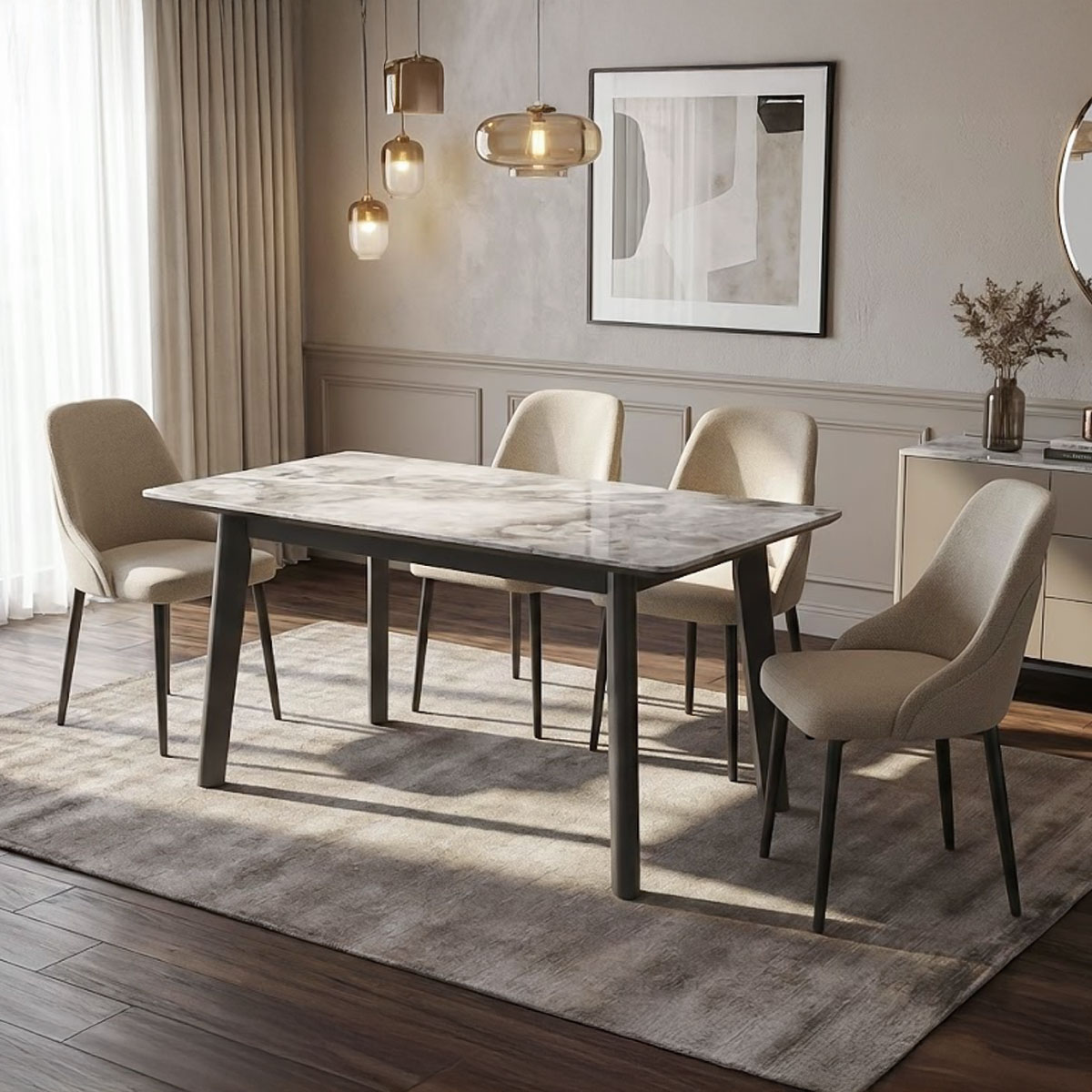 Marble Rectangular Dining Set (1 Table, 4 Chairs) Beige