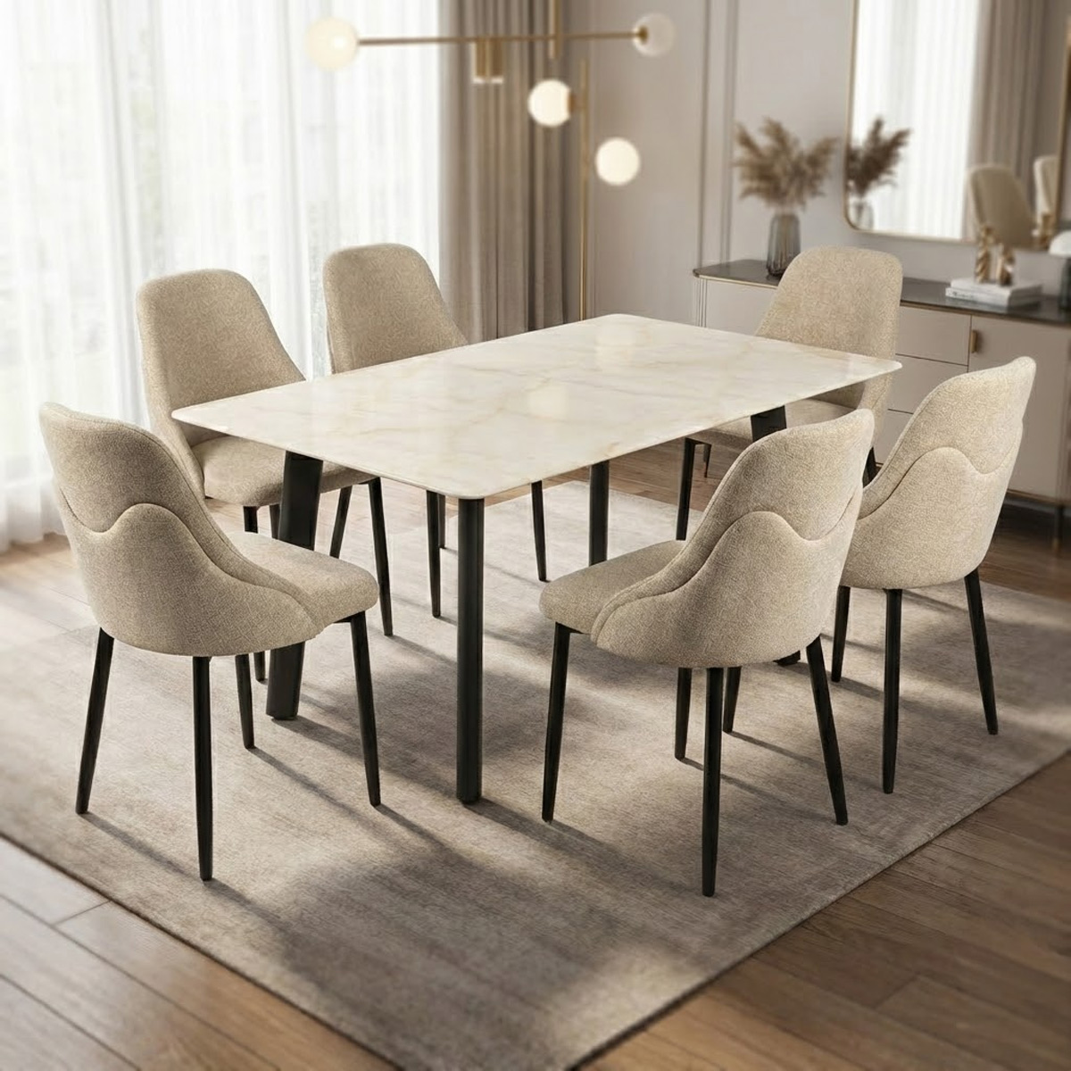 Marble Top Modern Dining Table Set (1 Table, 6 Chair)