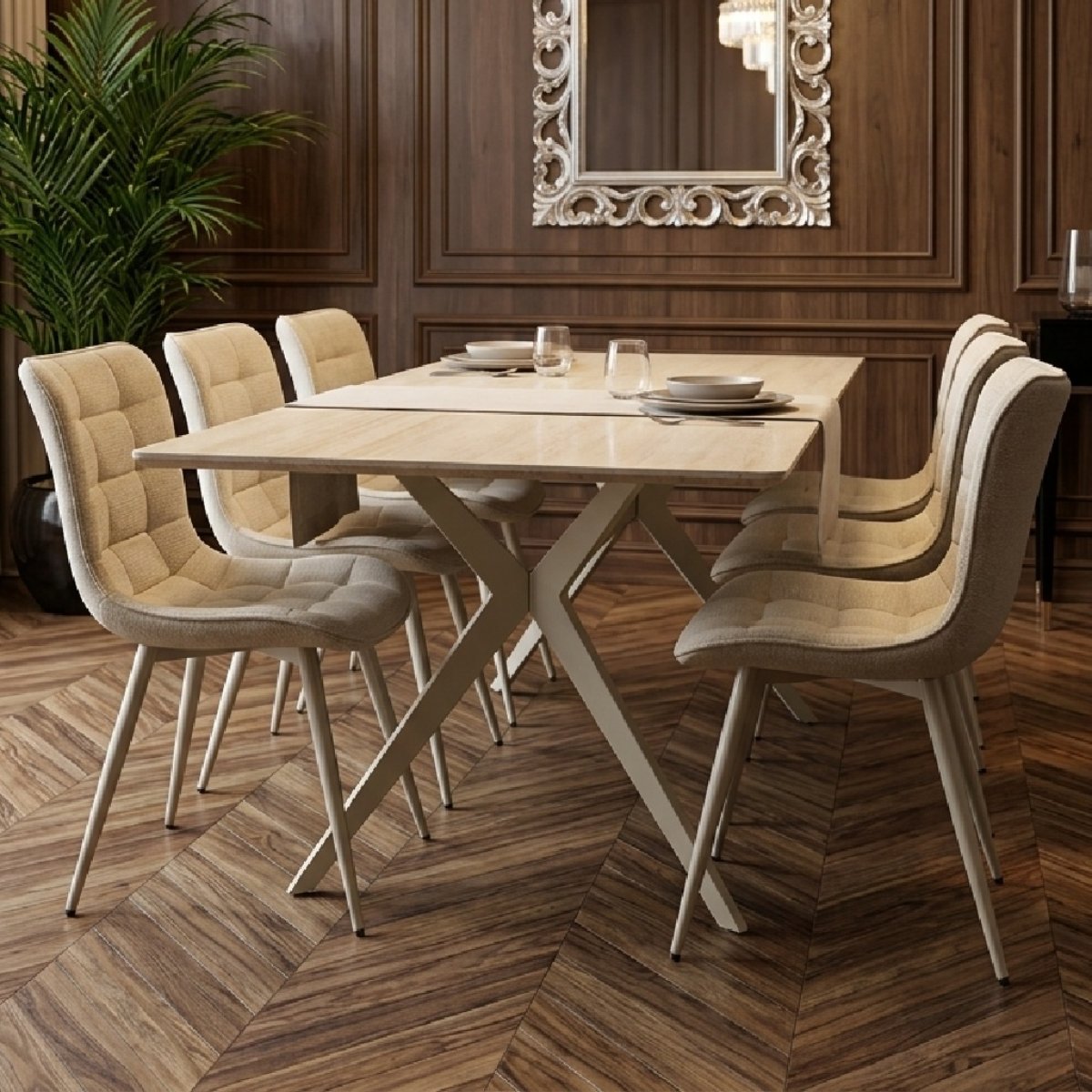 Modern Marble Top Rectangle Dining Table Set Beige (1 Table, 6 Chairs)