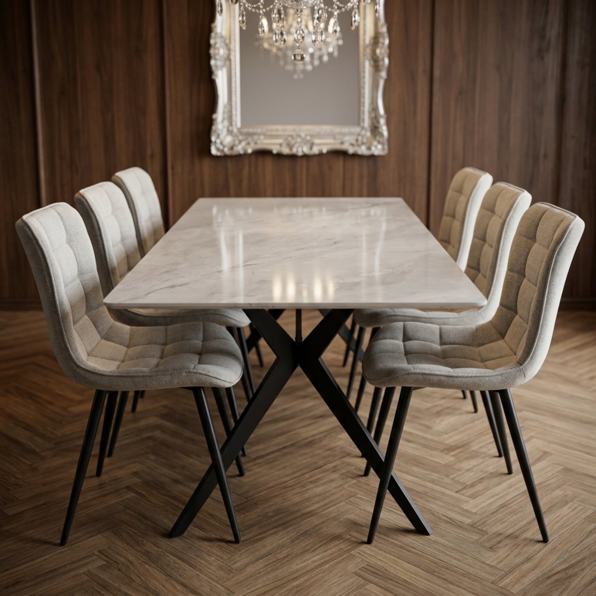 Modern Marble Top Rectangle Dining Table Set Grey (1 Table, 6 Chairs)