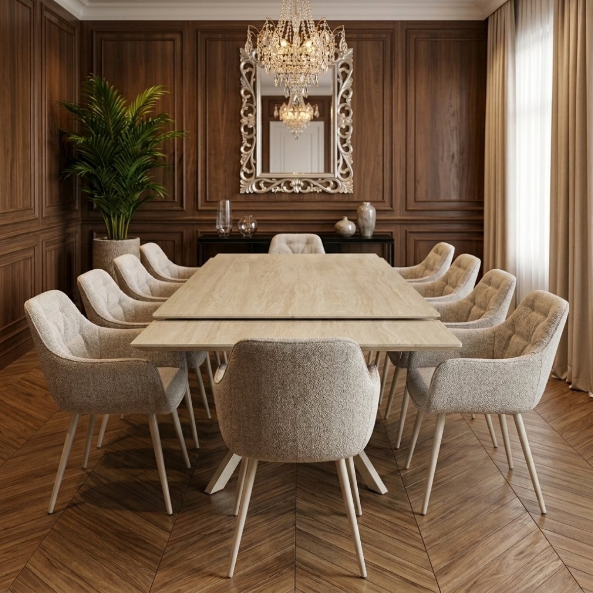 Modern Dining Room Set Beige (1 Table, 10 Chairs)