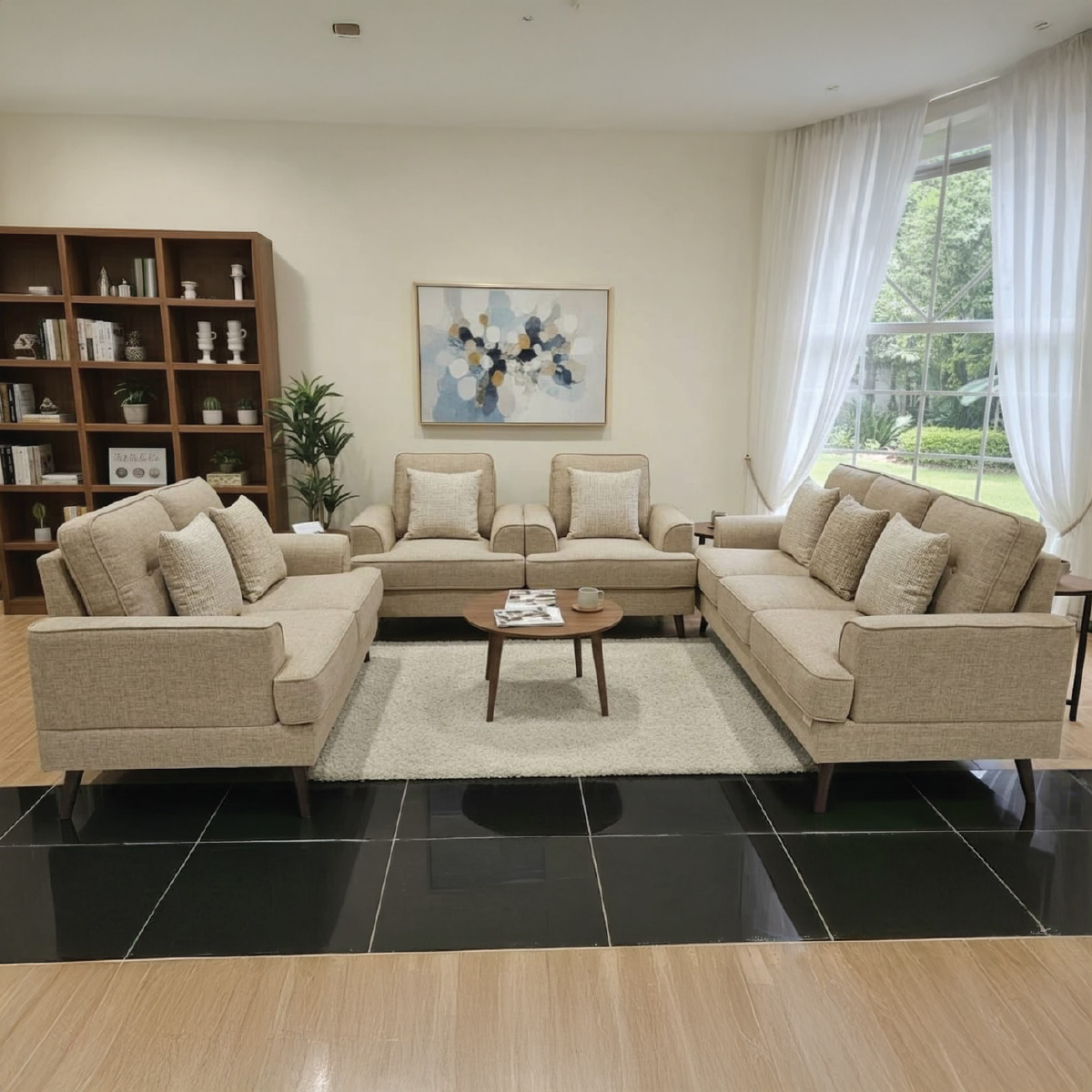 Beige Fabric Sofa Set (1x3 Seater, 1x2 Seater, 2x1 Seater)