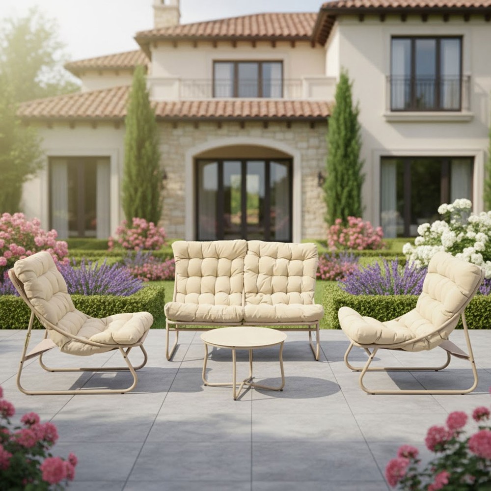 Bamboo Outdoor Sofa Set 1 Table 1x2 Seater 2x1 Seater White Beige