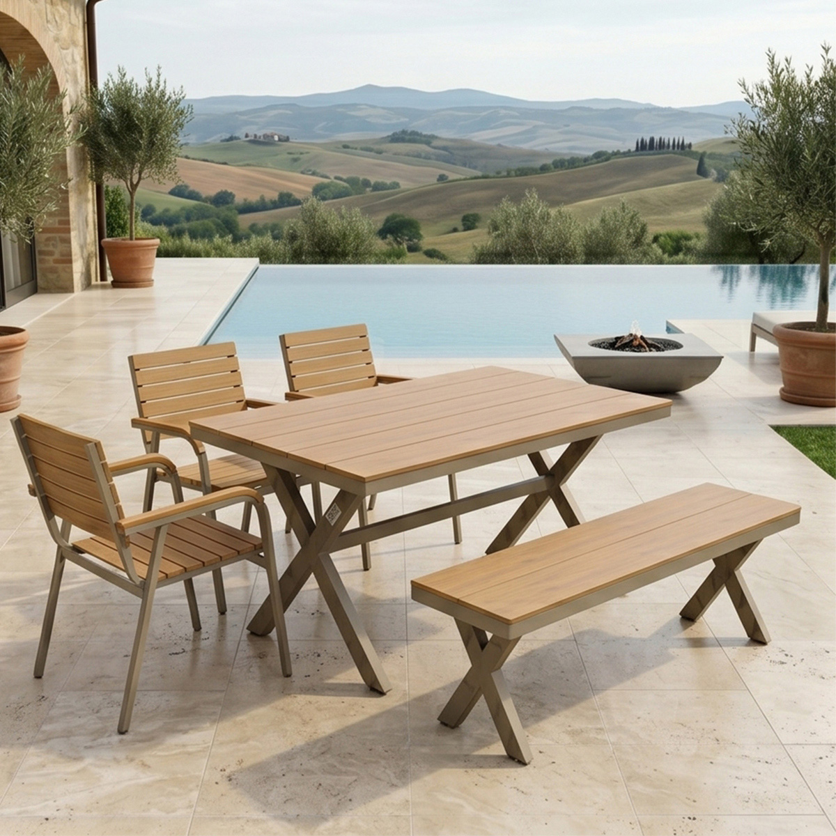 Outdoo Dining Table With 3 Chairs And Bench