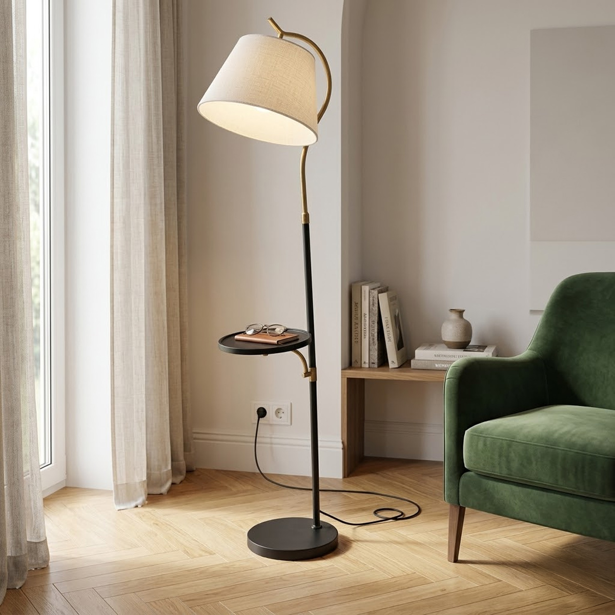 Floor Lamp with Shelf and Adjustable Shade