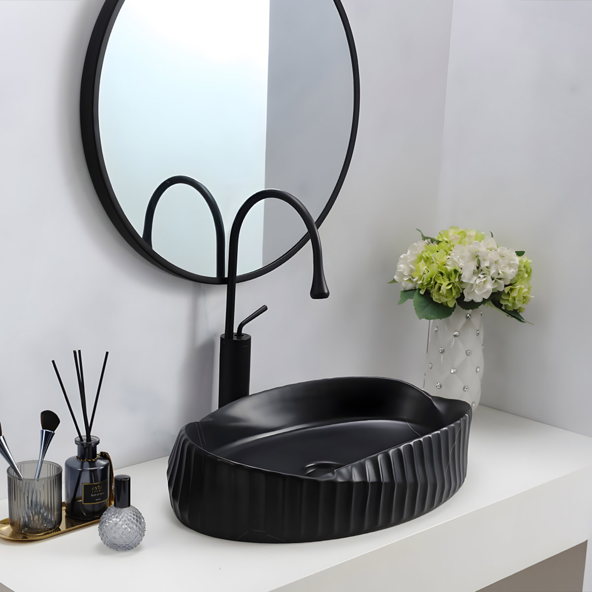 Countertop Marbleized Wash Basin Matt Black