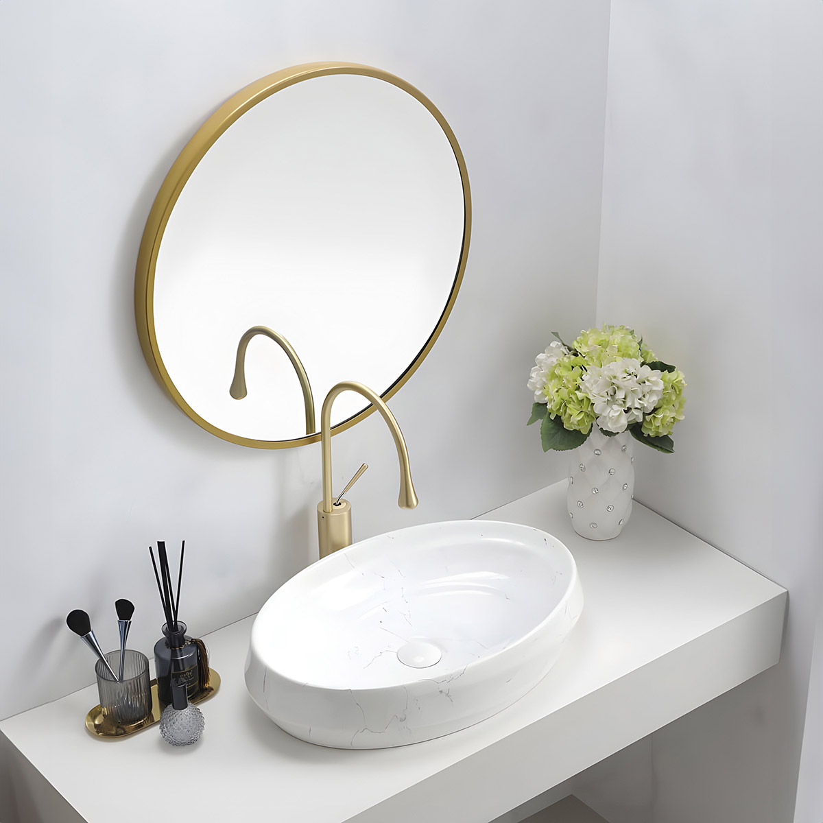 Countertop Marbleized Wash Basin Gloss White