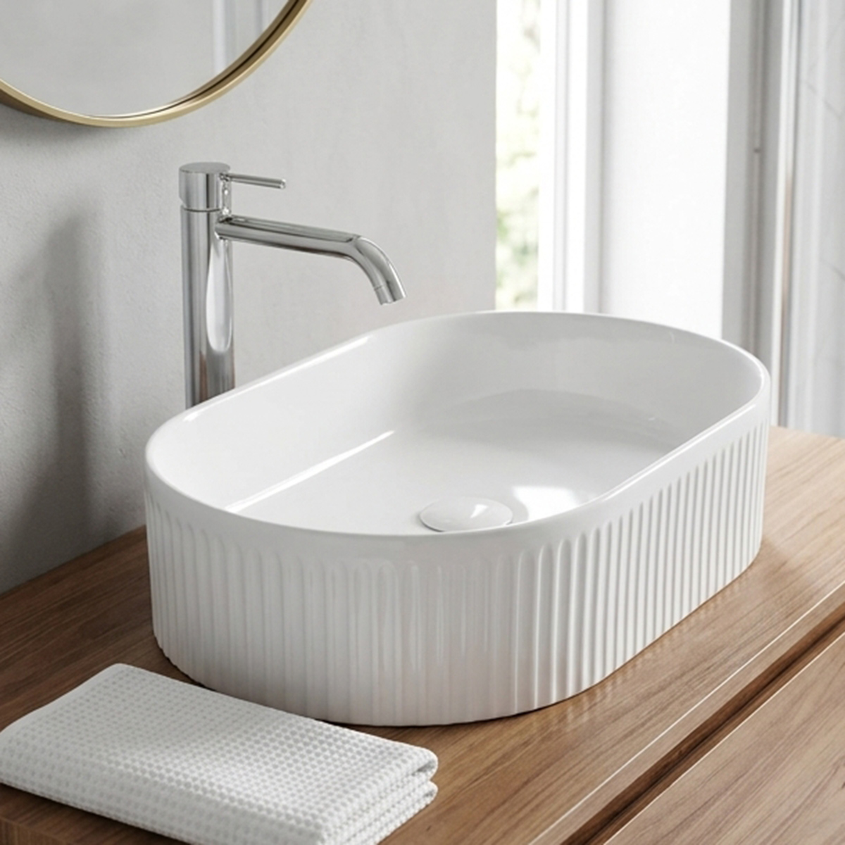 Modern Fluted Oval Ceramic Ribbed Above Counter Basin