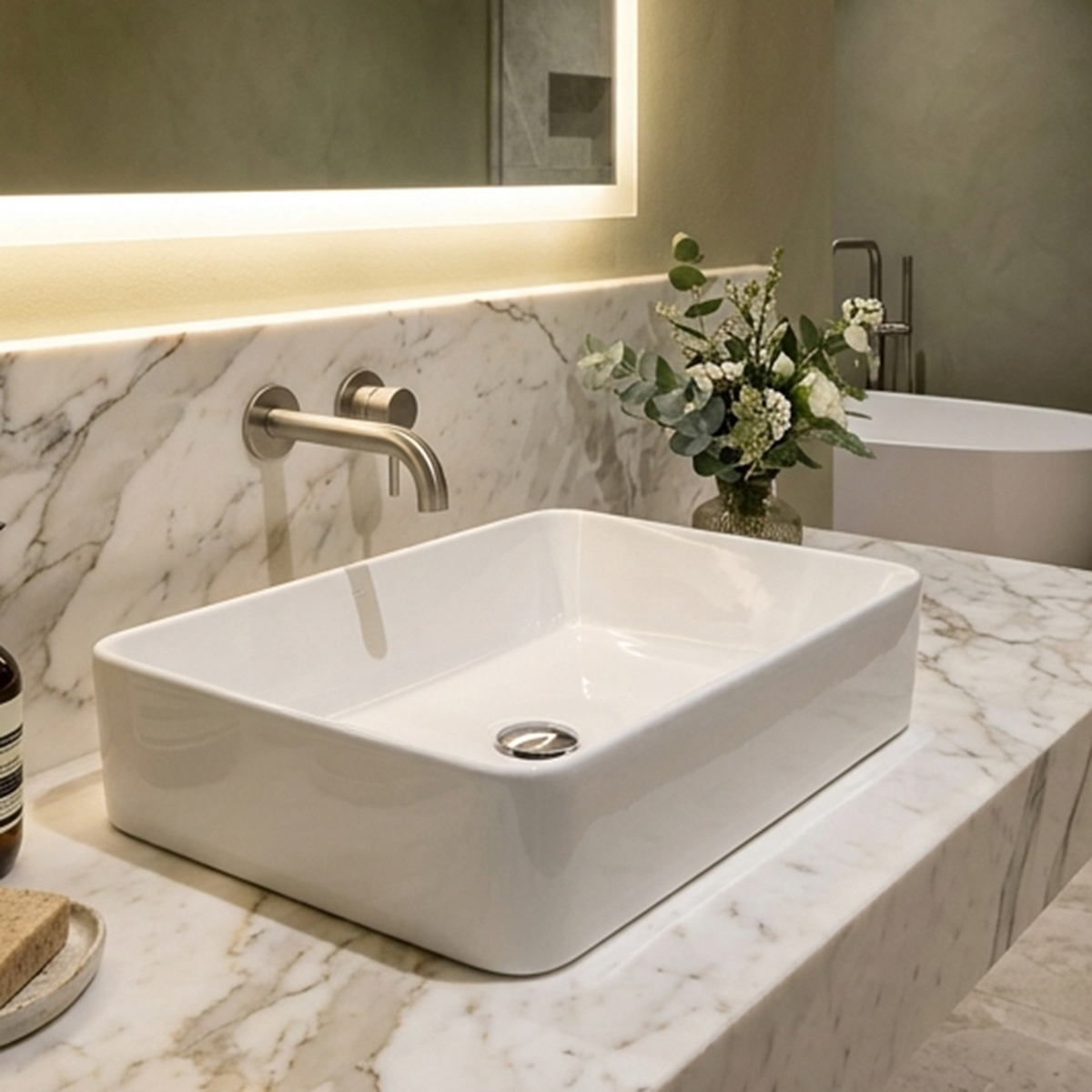 Modern Square Countertop Wash Basin with Slim Trim Ceramic Edges