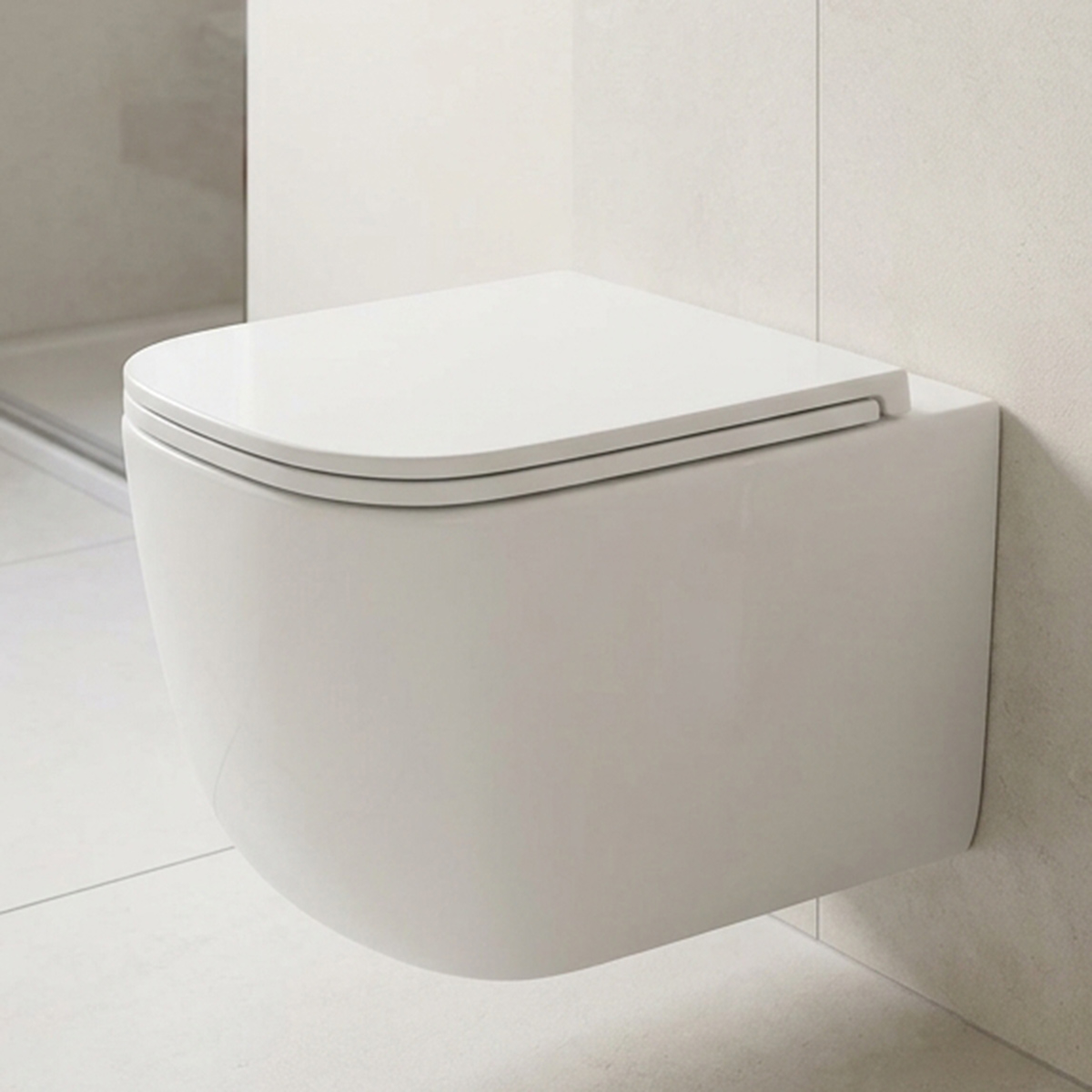 Modern D-Shape Wall Hung Toilet with Tornado Flush and Flat UF Soft Close Seat