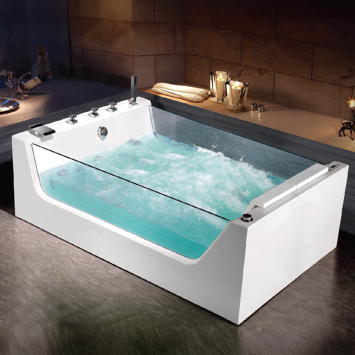 Bathtub with Massage Clear Tempered Glass Side Panels