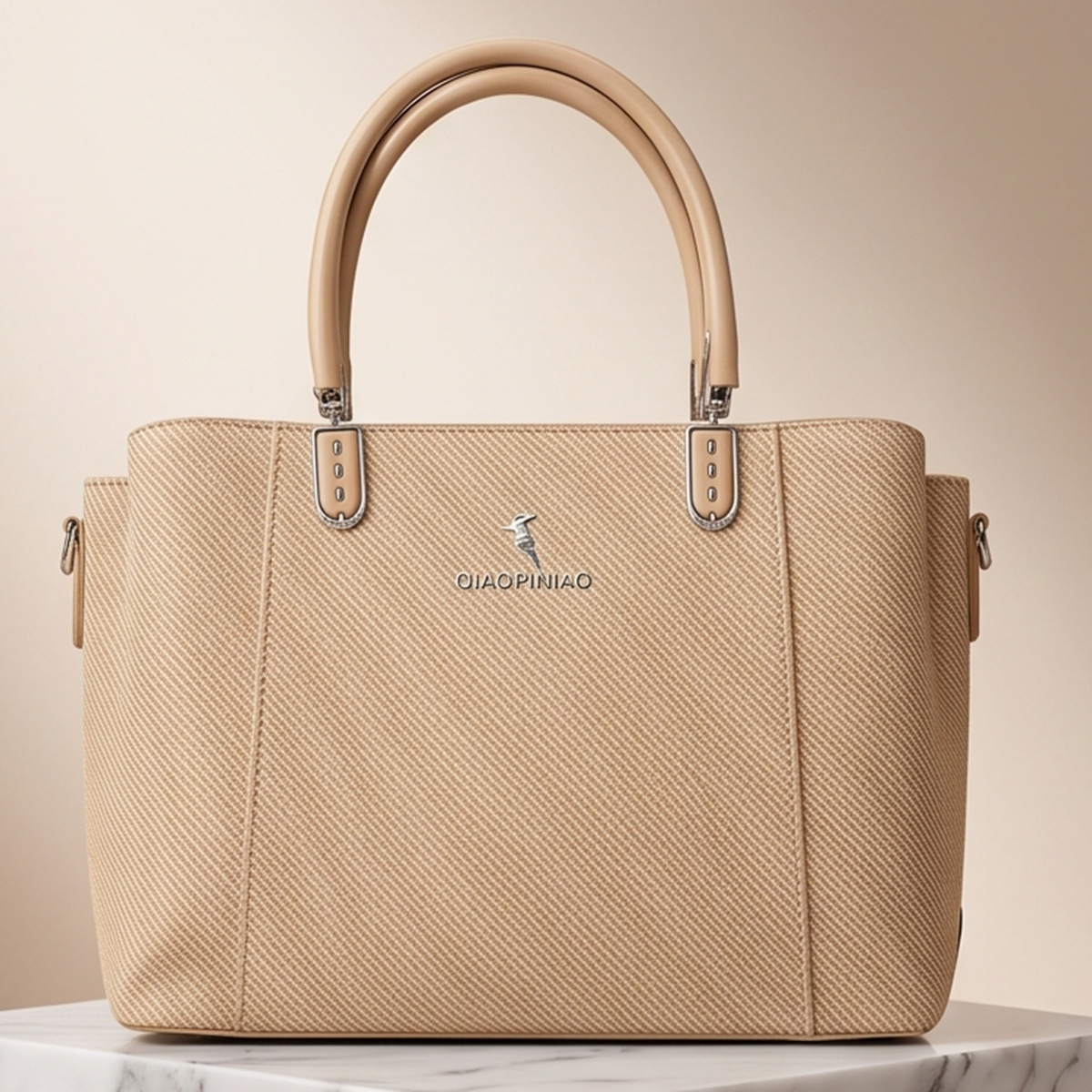 Textured Dual Top Handle Ladies Hand Bag Beige