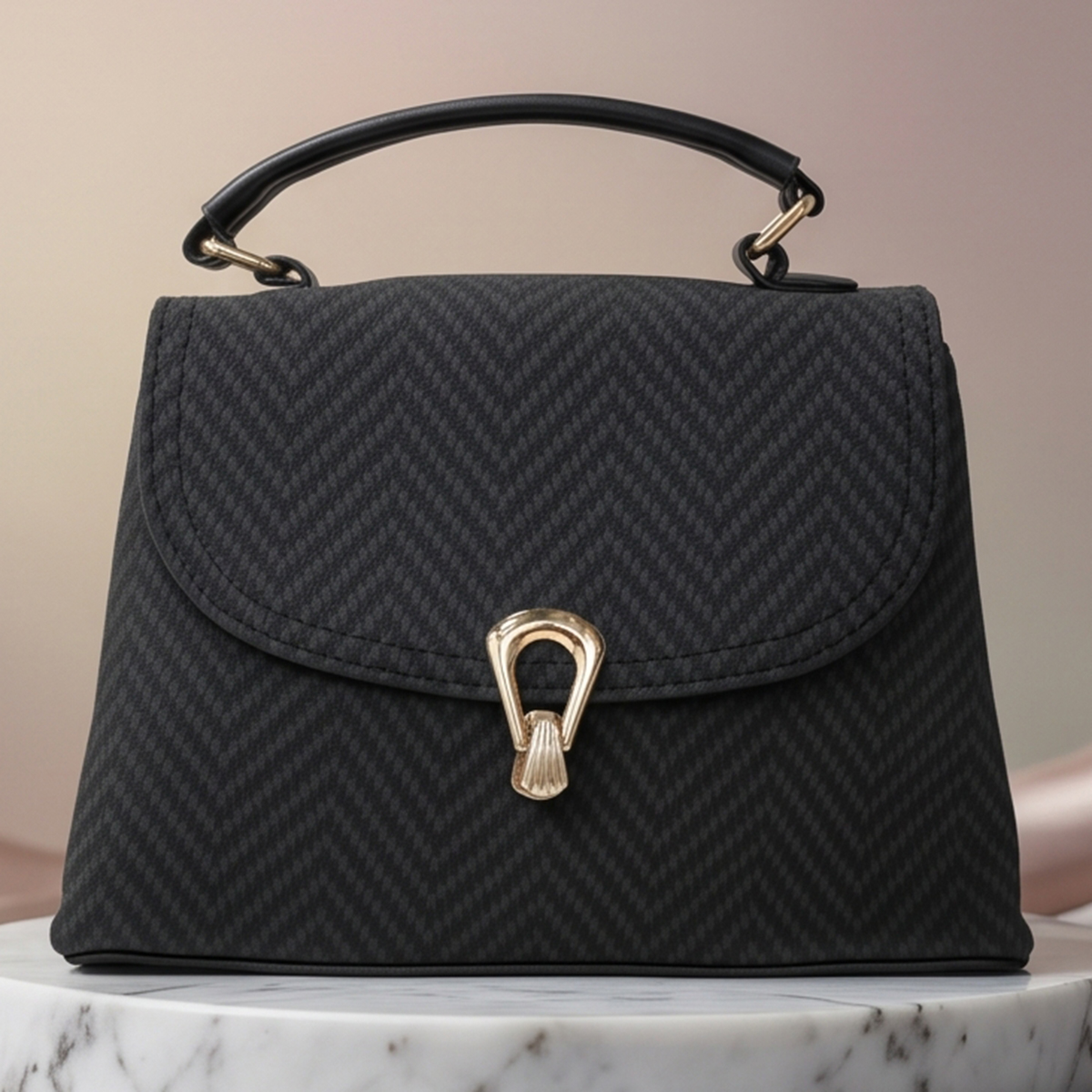 Textured Chevron Pattern Ladies Hand Bag Black