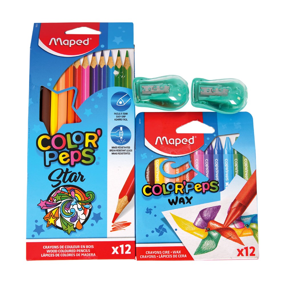 Maped Color Peps Star pack of 12 Pcs + Maped Color Peps Wax Crayons Pack of 12 Pcs + Sharpener