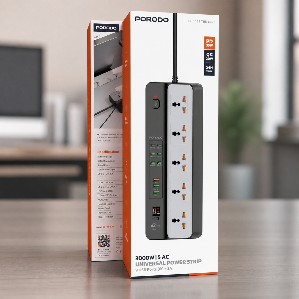 Porodo Extention 2 Meter PDFWCH098BK