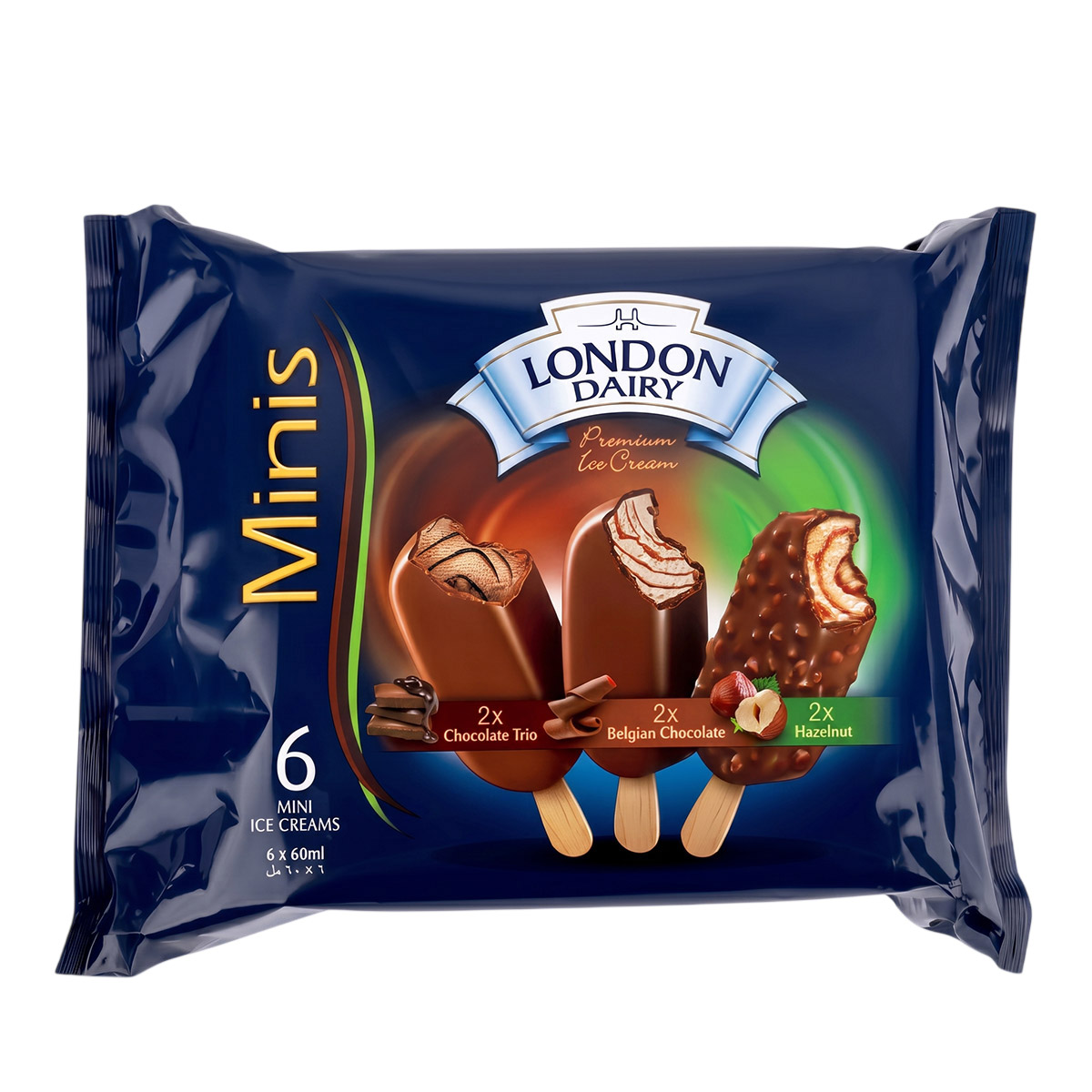 London Dairy Minis Chocolate Trio, Belgian Hazelnut Ice Cream Stick 6x60ml