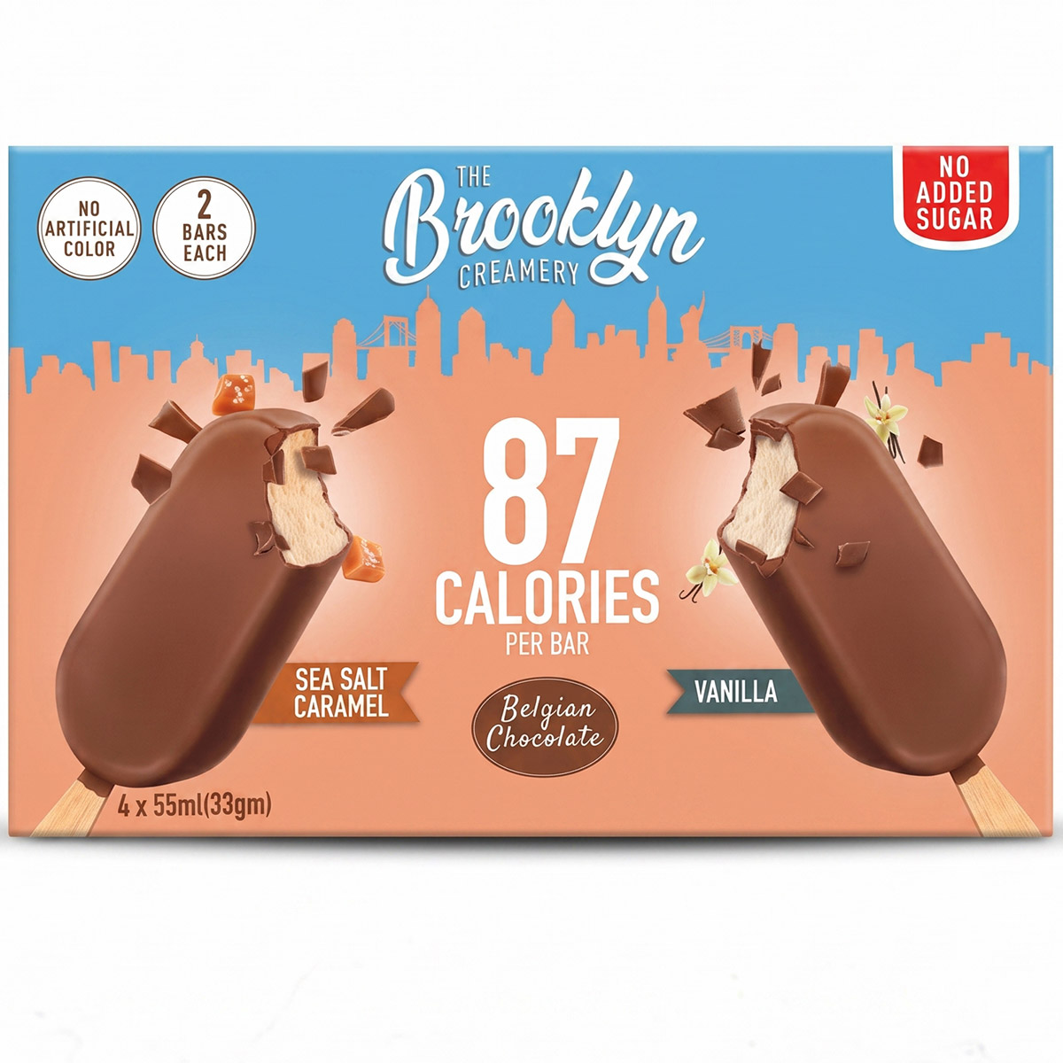 The Brooklyn Creamery Belgian Chocolate Ice Cream Bars Vanilla & Sea Salt Caramel 4x55ml
