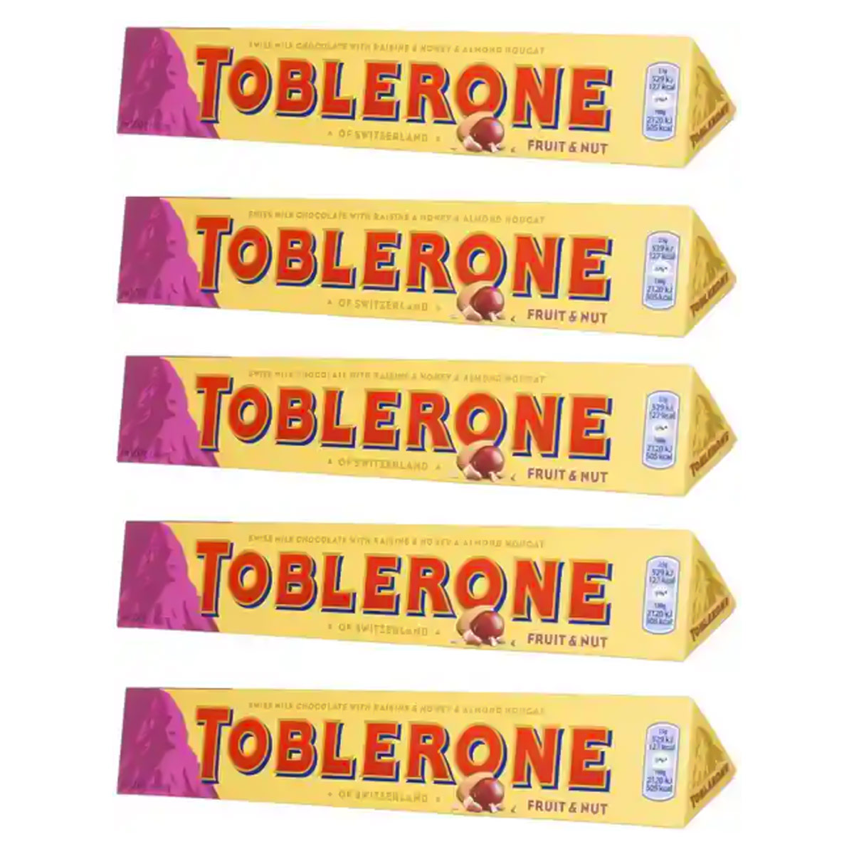 Toblerone Fruit and Nut Milk Chocolate 5x100g | الوجبات الخفيفة والحلوى | الشوكولاتة | ألواح شوكولاتة Toblerone Fruit and Nut Milk Chocolate 5x100g | الوجبات الخفيفة والحلوى | الشوكولاتة | ألواح شوكولاتة