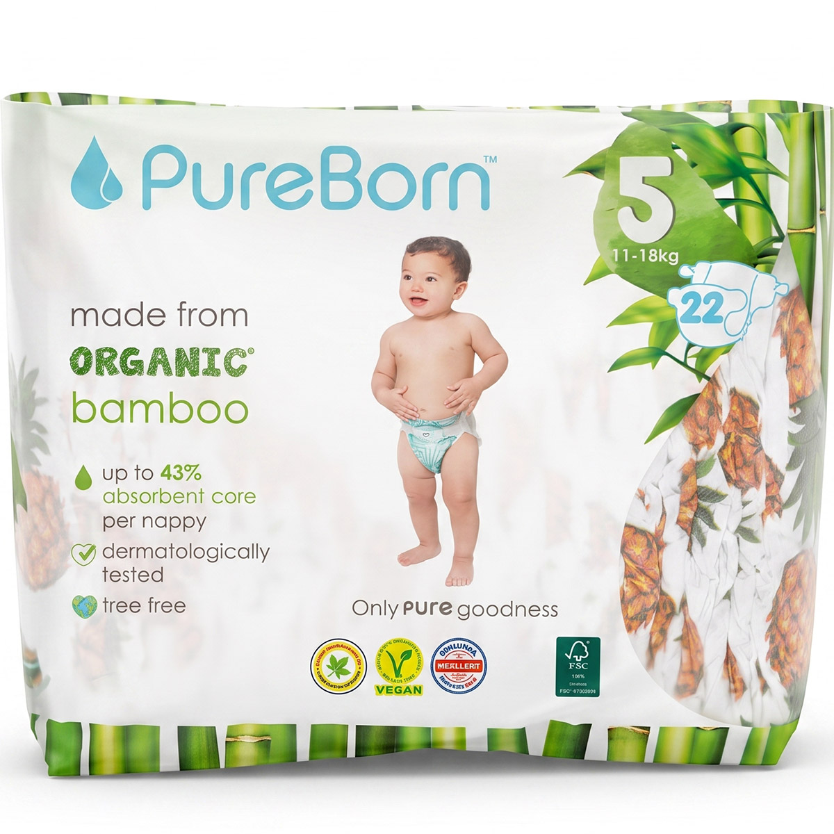 Pureborn Organic Bamboo Diapers 11-18Kg 22 Pack