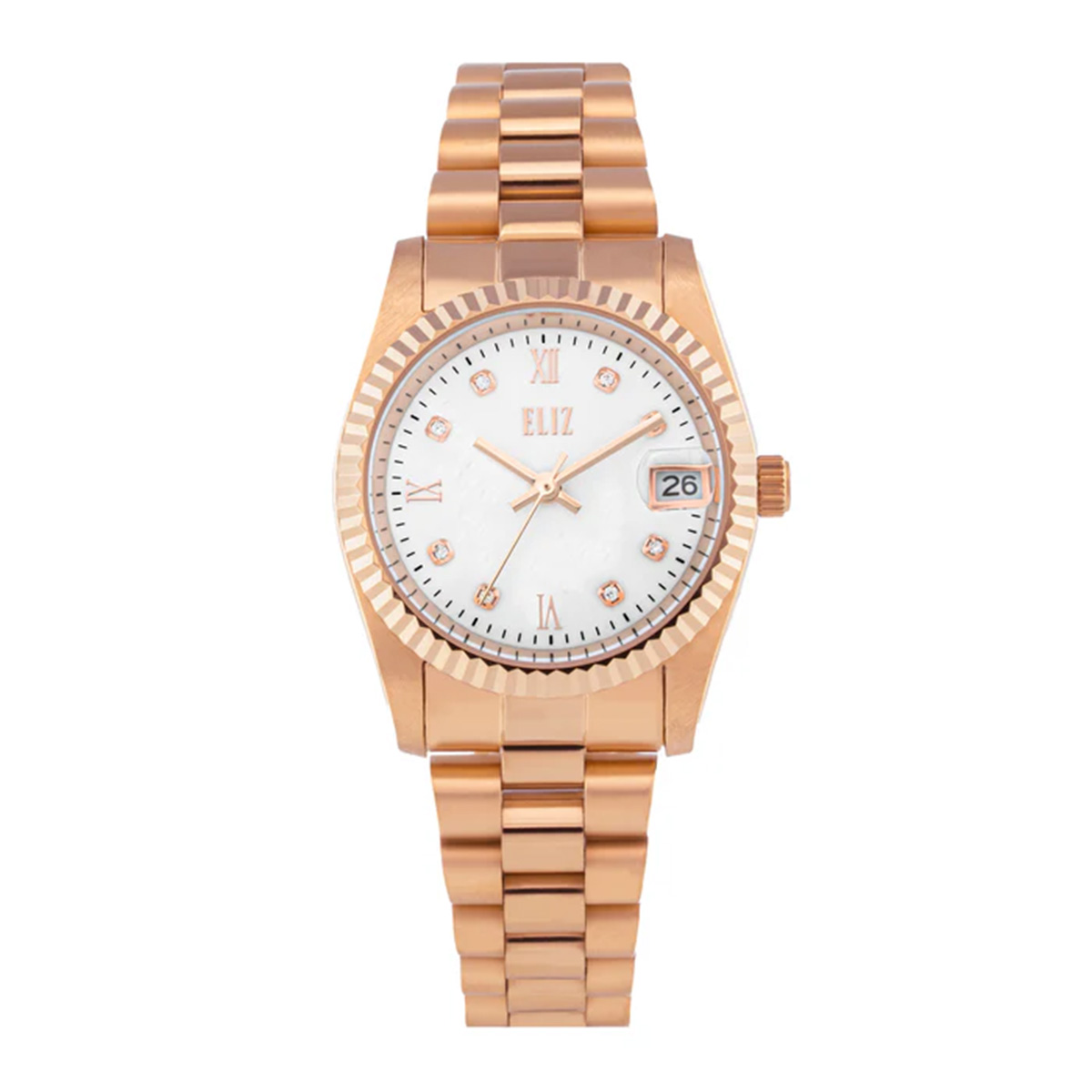 Eliz Round 31mm White Dial Rose Gold Stainless Steel Band Watch For Women ES8907L1RBB