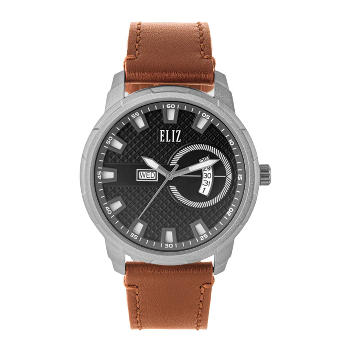 Eliz Round 44mm Black Dial Tan Brown Genuine Leather Strap Watch For Men ES8924G1SND