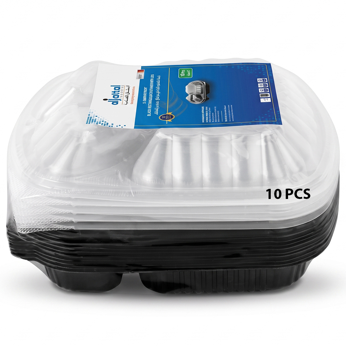 Al Jatal Black Base Food Container With 3 Compartment  1 x 10 Pieces