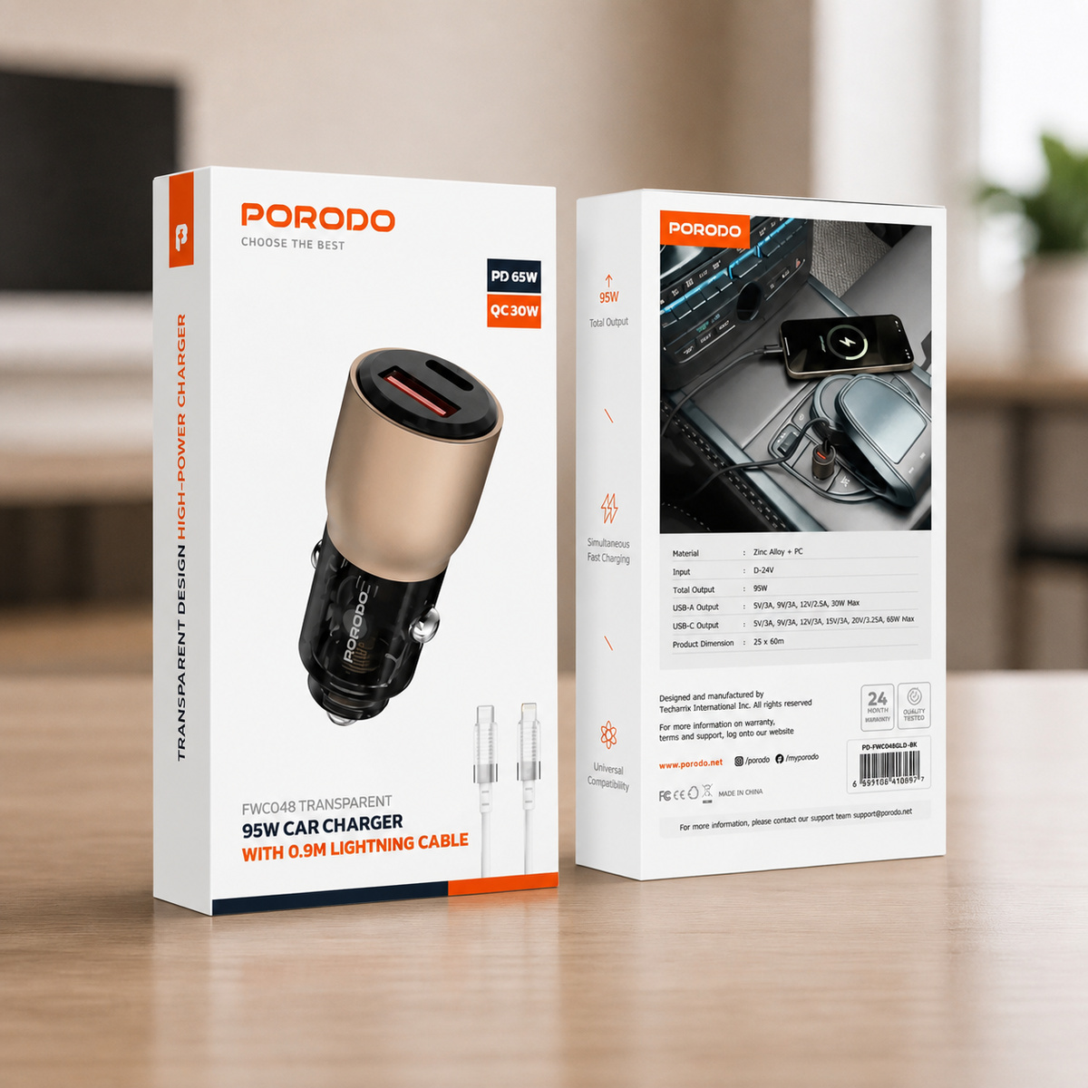 Porodo Car Adapter With 0.9m Lightning Cable 95W