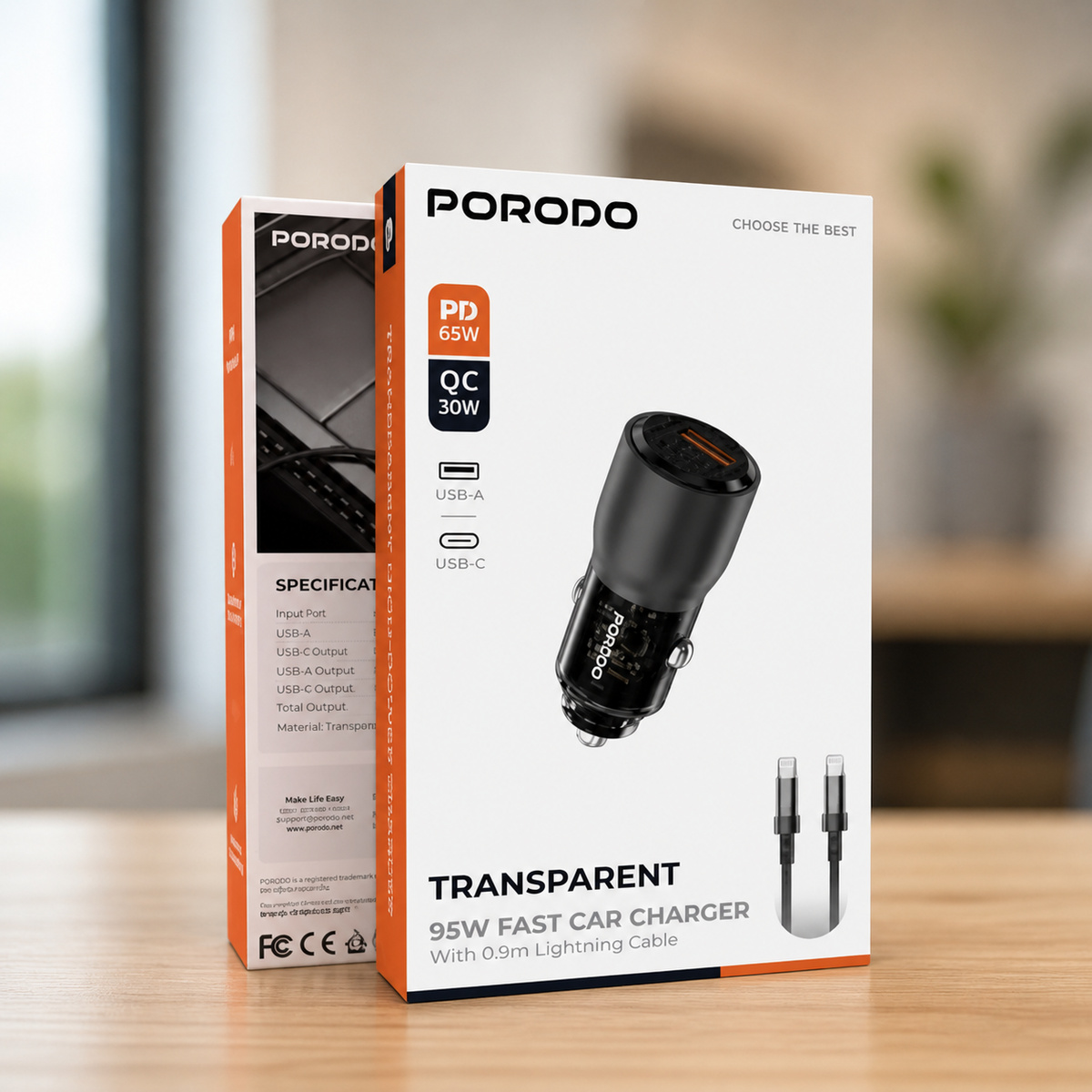 Porodo Car Adapter With 0.9m Lightning Cable 95W