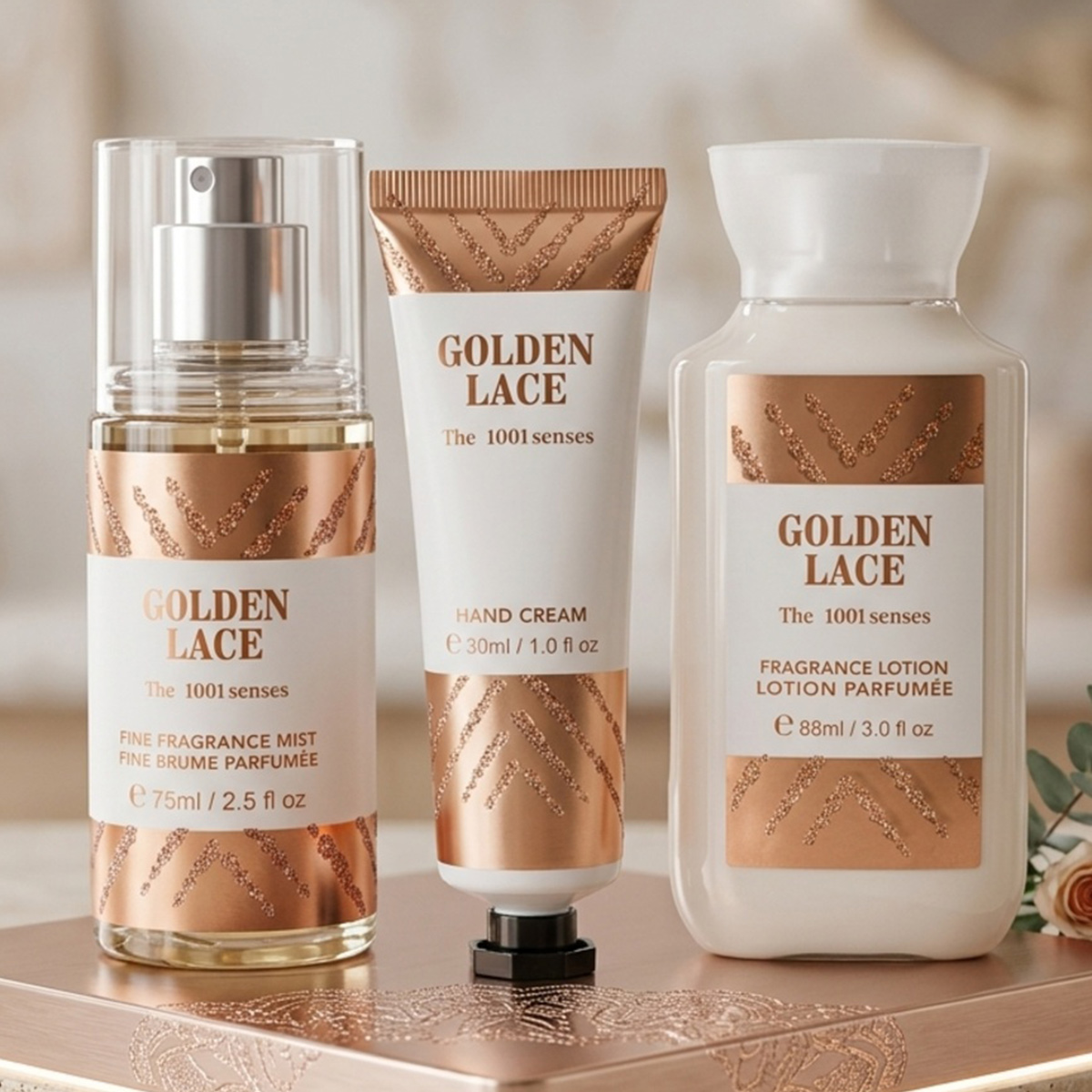 Golden Lace The 1001 Senses Fragrance Mist, Hand Cream, And Lotion Set