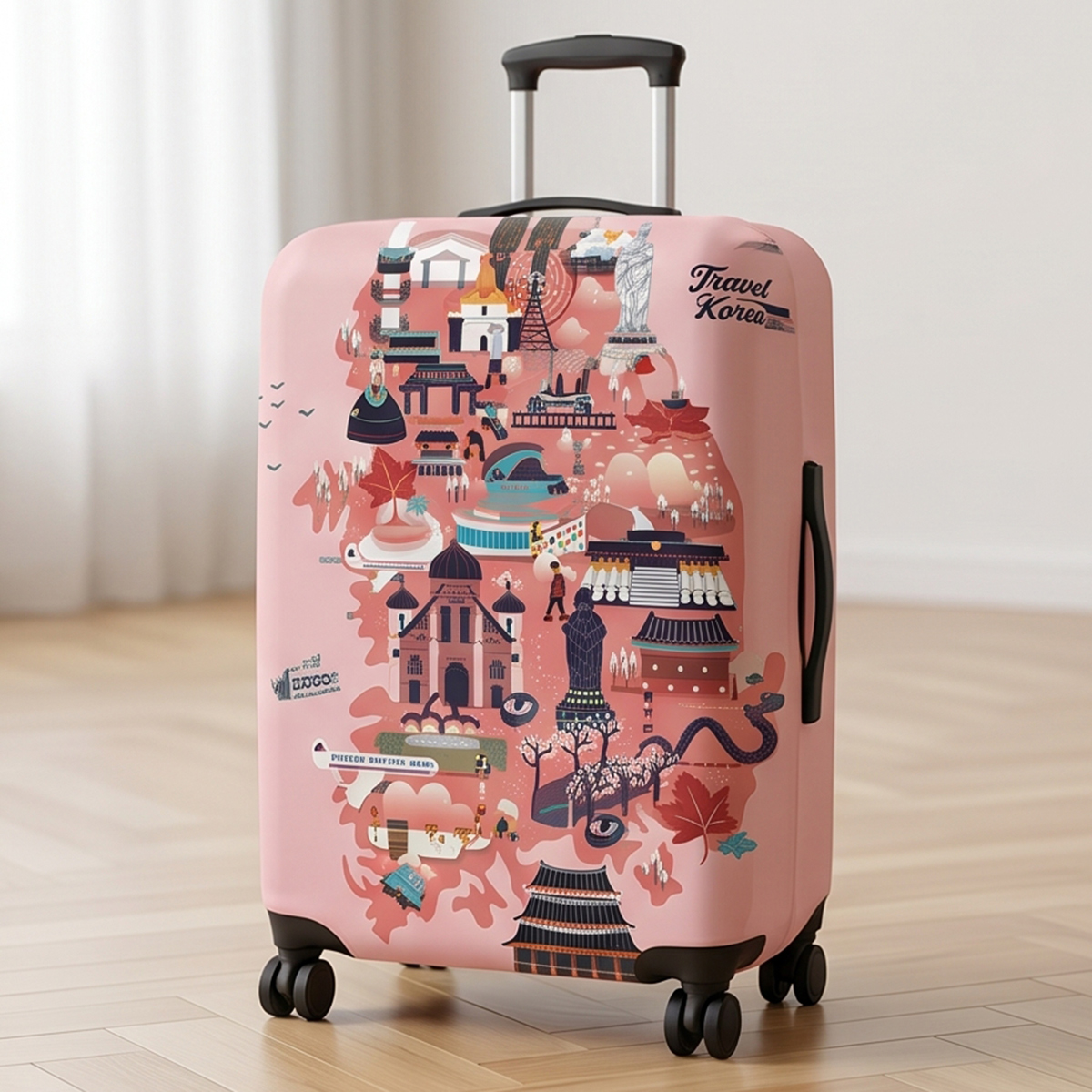 Heroes Travel Korea Printed Pink Elastic Luggage Cover Medium Size