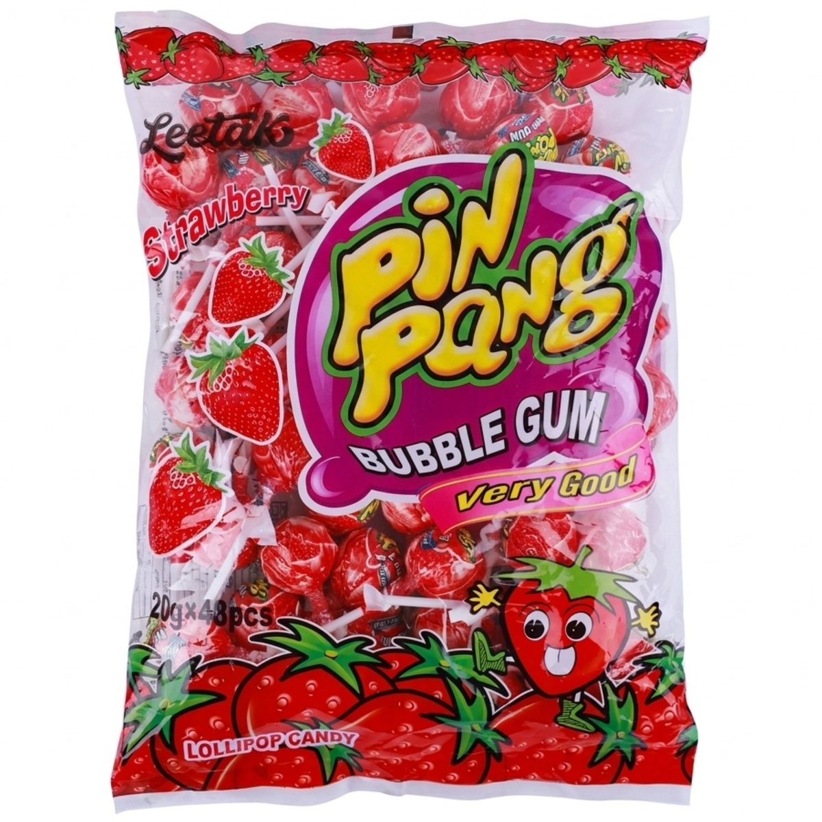 Pin Pang Bubble Gum Strawberry Lollipop Candy 48x20g