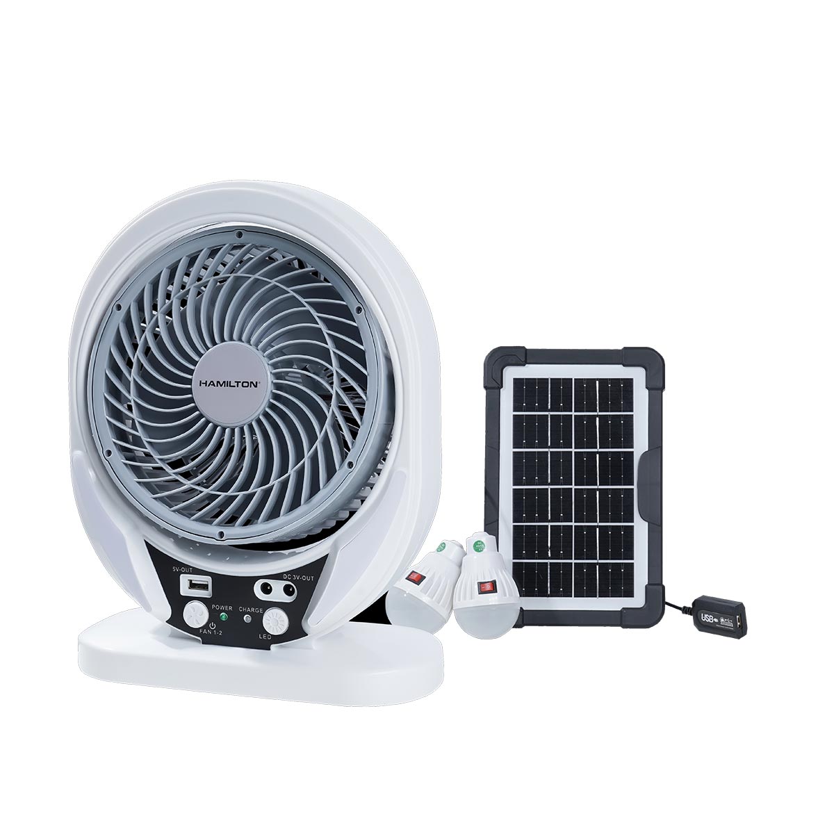 Hamilton 8 Inch Rechargaeable Fan With Light & Solar Pannel HT7424