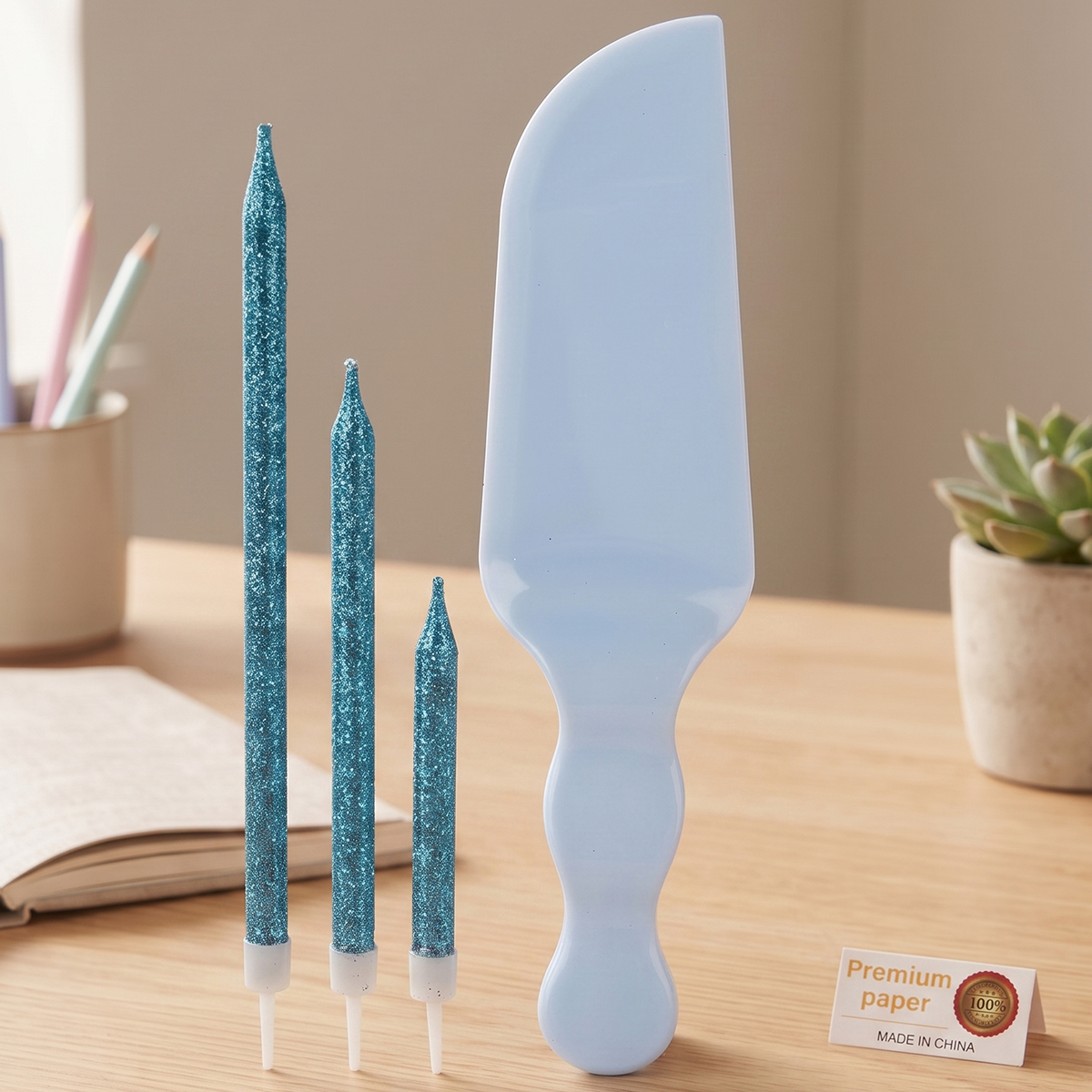 Italo Party Glitter Candle With Plastic Knife Blue
