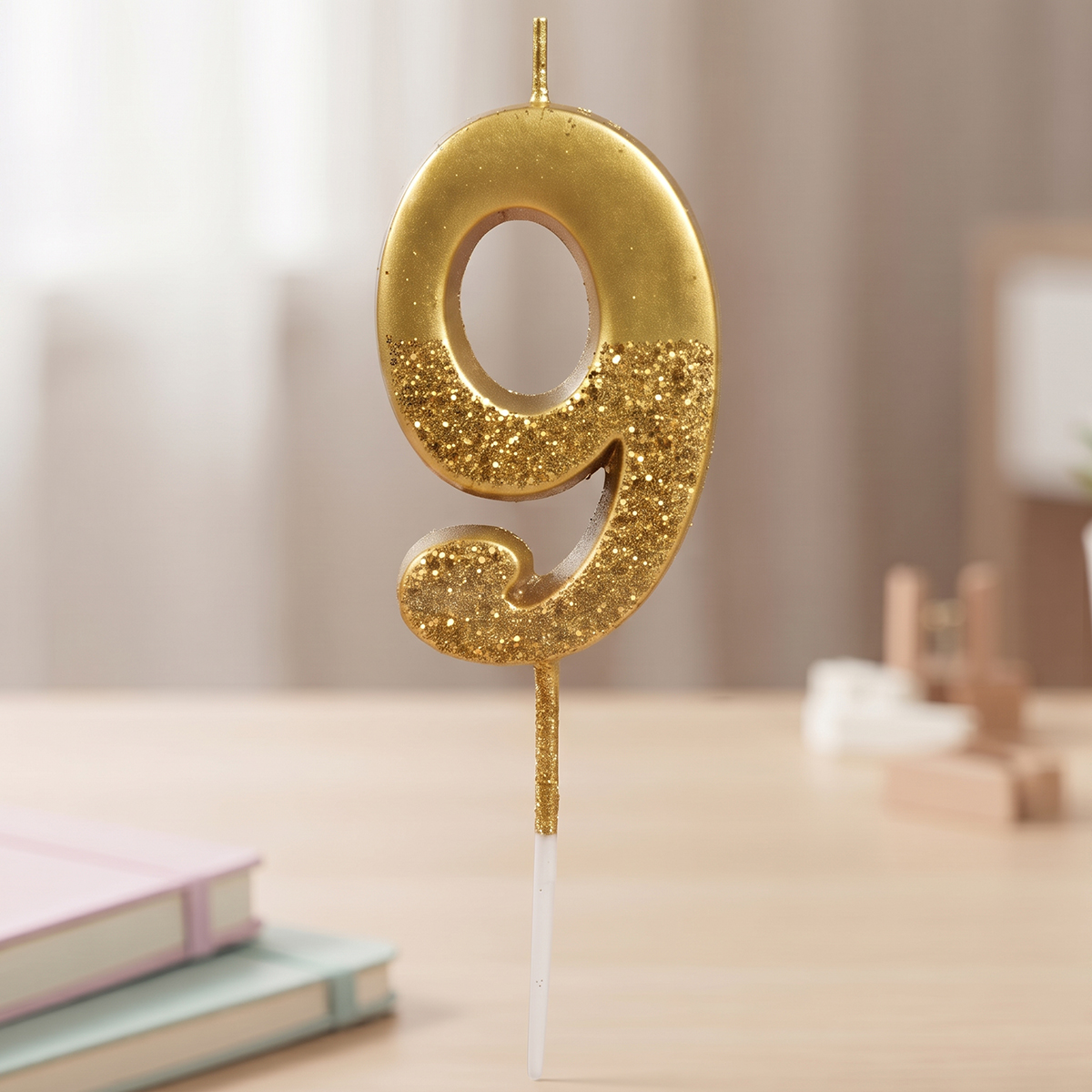 Golden Glittered Birthday Candle Number 9