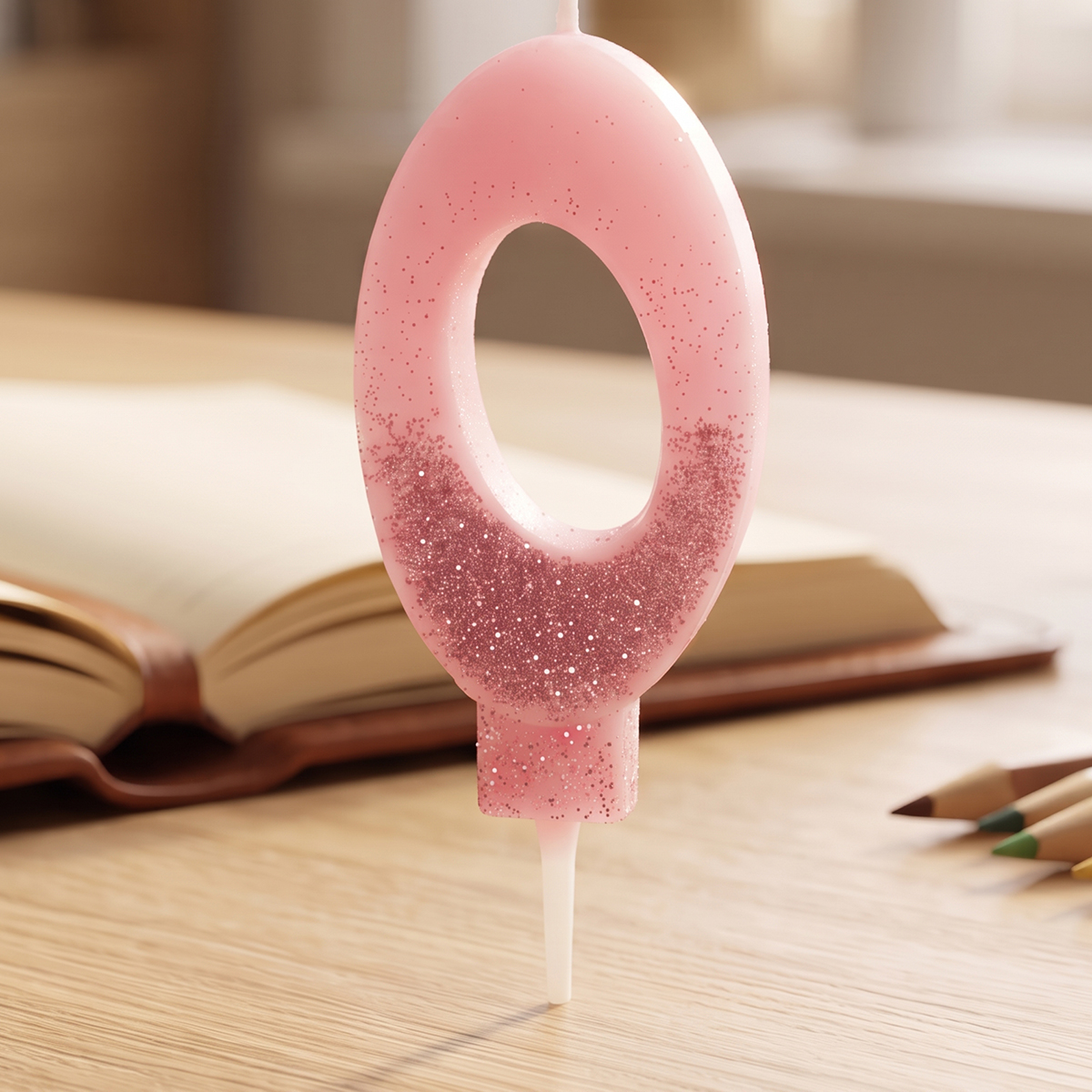 Glittered Pink Birthday Candle Number 0